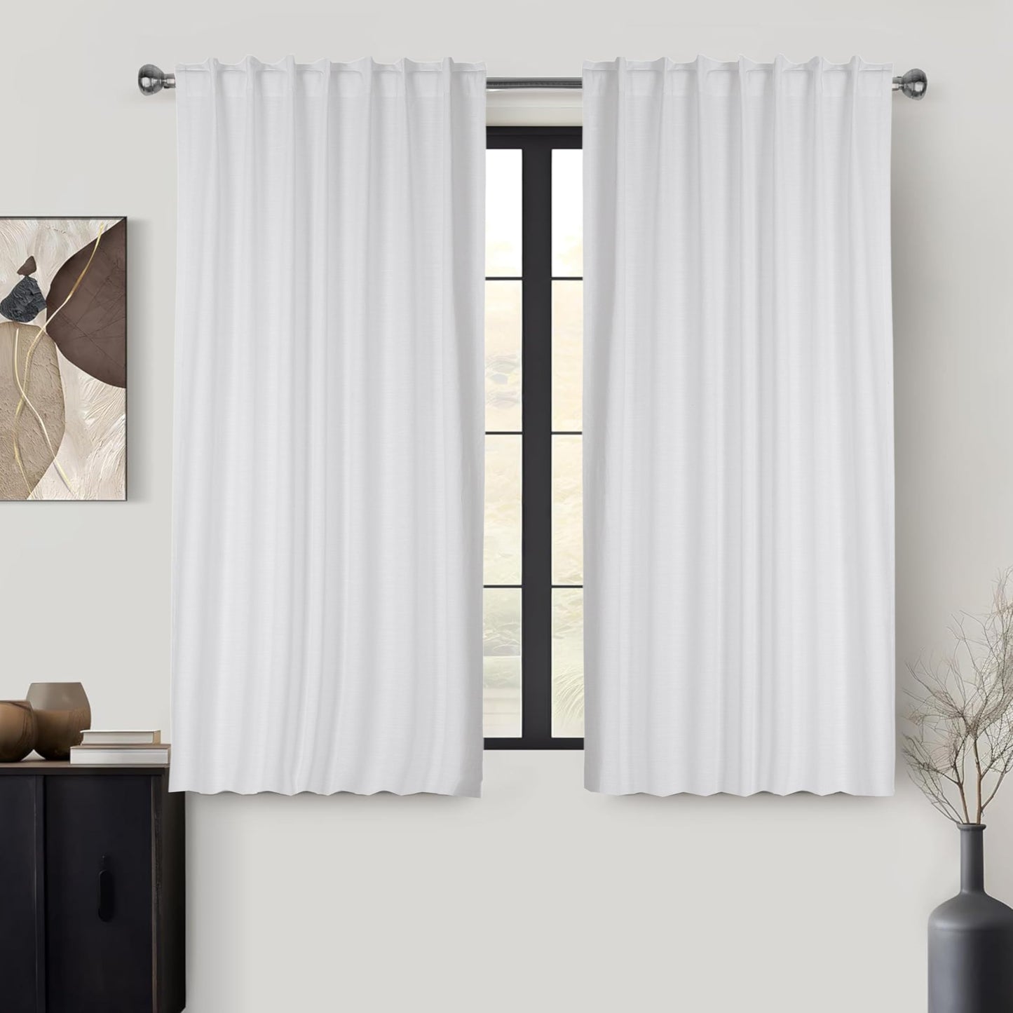 Ramanta Home 100% Cotton Light Filtering Curtains 50x72 Inch - Set of 2, White Curtain for Living Room, Bedroom, Farmhouse Cotton Textured Slub Fabric Semi Sheer Back Tab Window Linen Panels - White