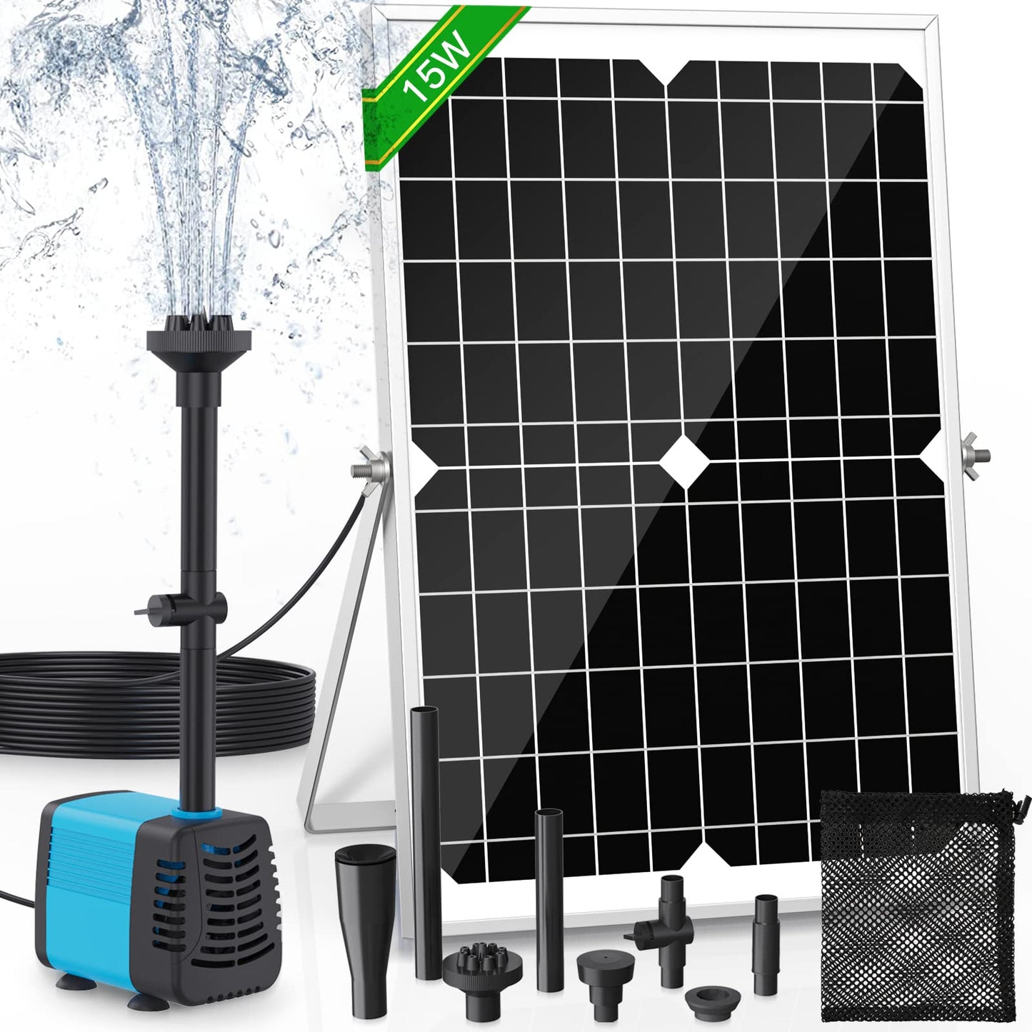 FEOXSHAL 15W Solar Fountain Pump, 190GPH Submersible Solar Powered Water Pump with Adjustable Flow & 4 Nozzles, Anti-Clog Barrier Bag for Bird Bath, Outdoor Pond, Garden Water Features, Pool