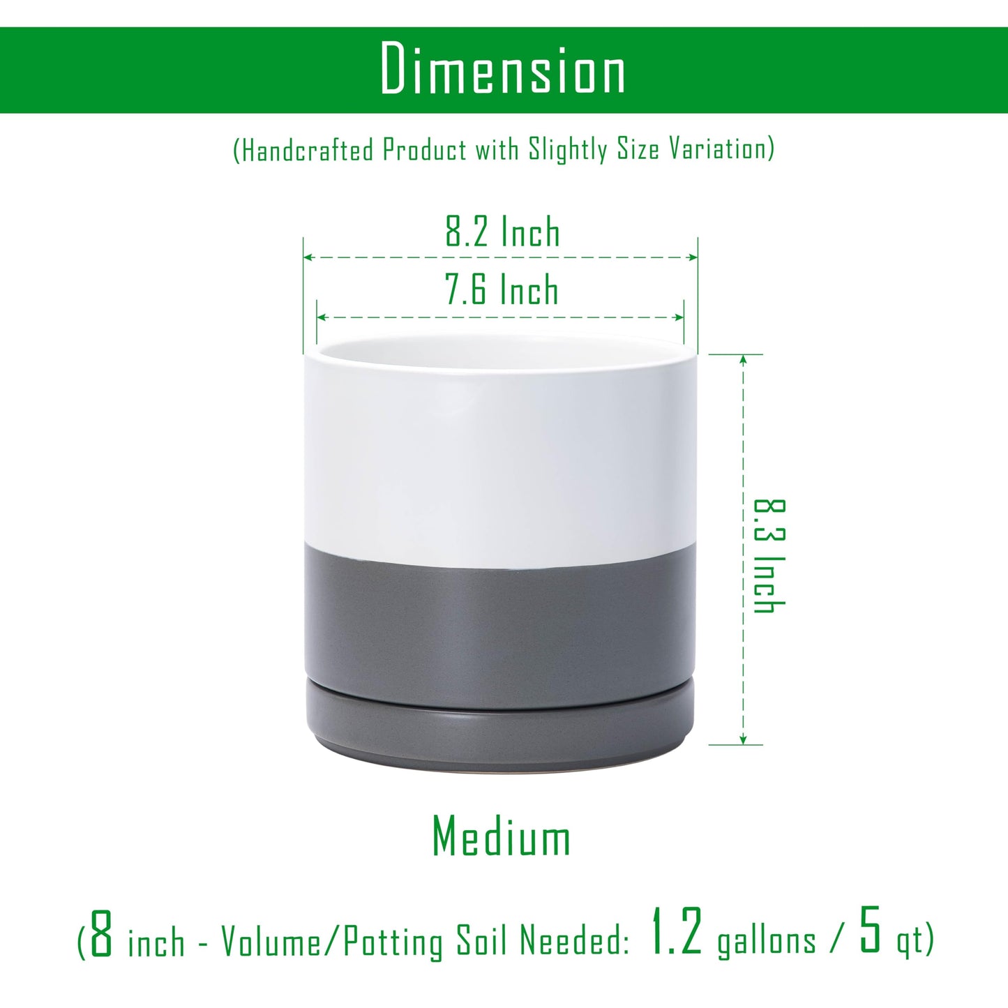 D'vine Dev Set of 2 Plants Pots, 8.2 Inch Ceramic Planter Pot for Plants with Drainage Hole and Saucer, White/Speckled Grey, 94-V-D-6