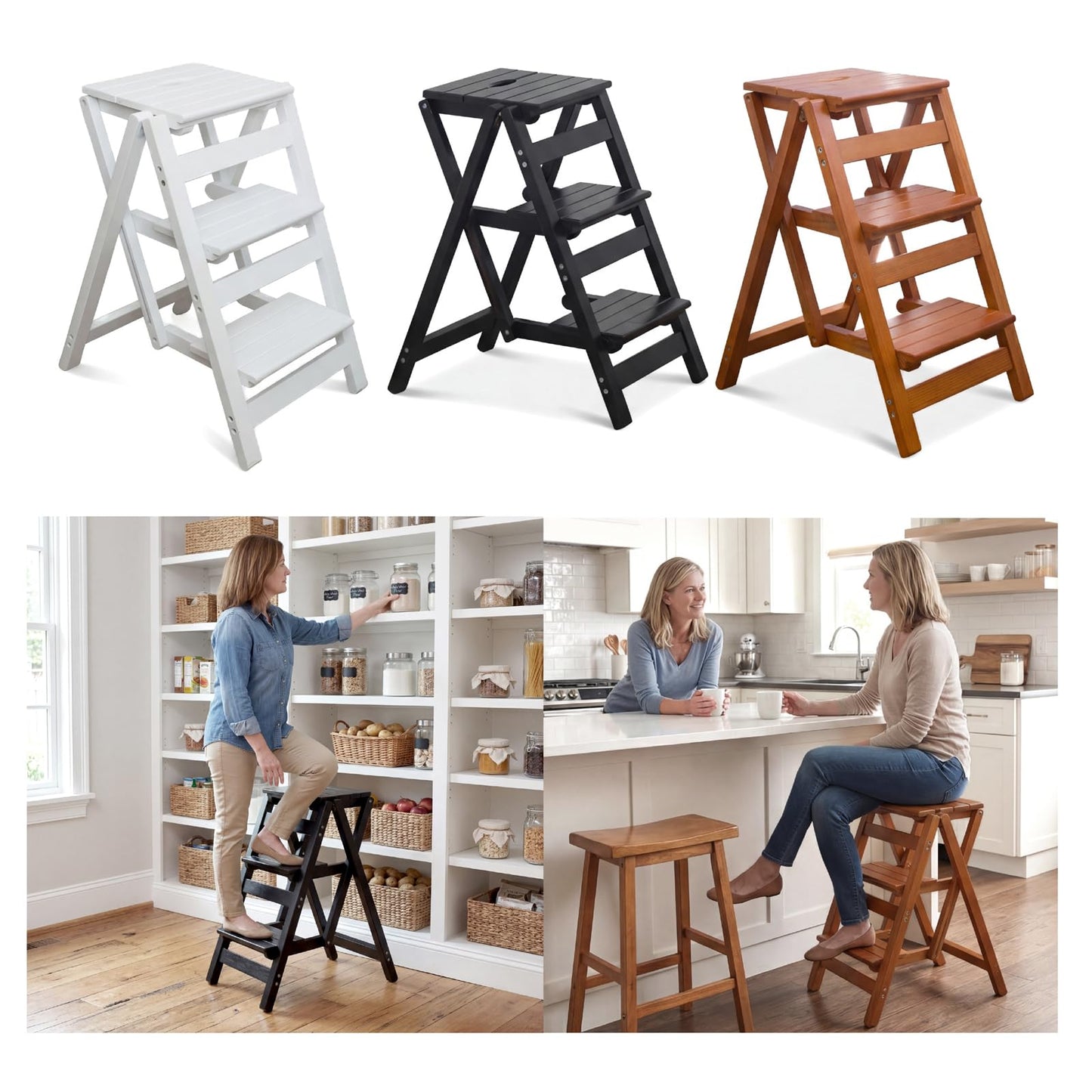 Step Stool for Adults/Step Ladder/Counter Chair, 3-Step Folding Portable Wooden Step Stool, Anti-Slip & Lightweight (Nut - Brown)