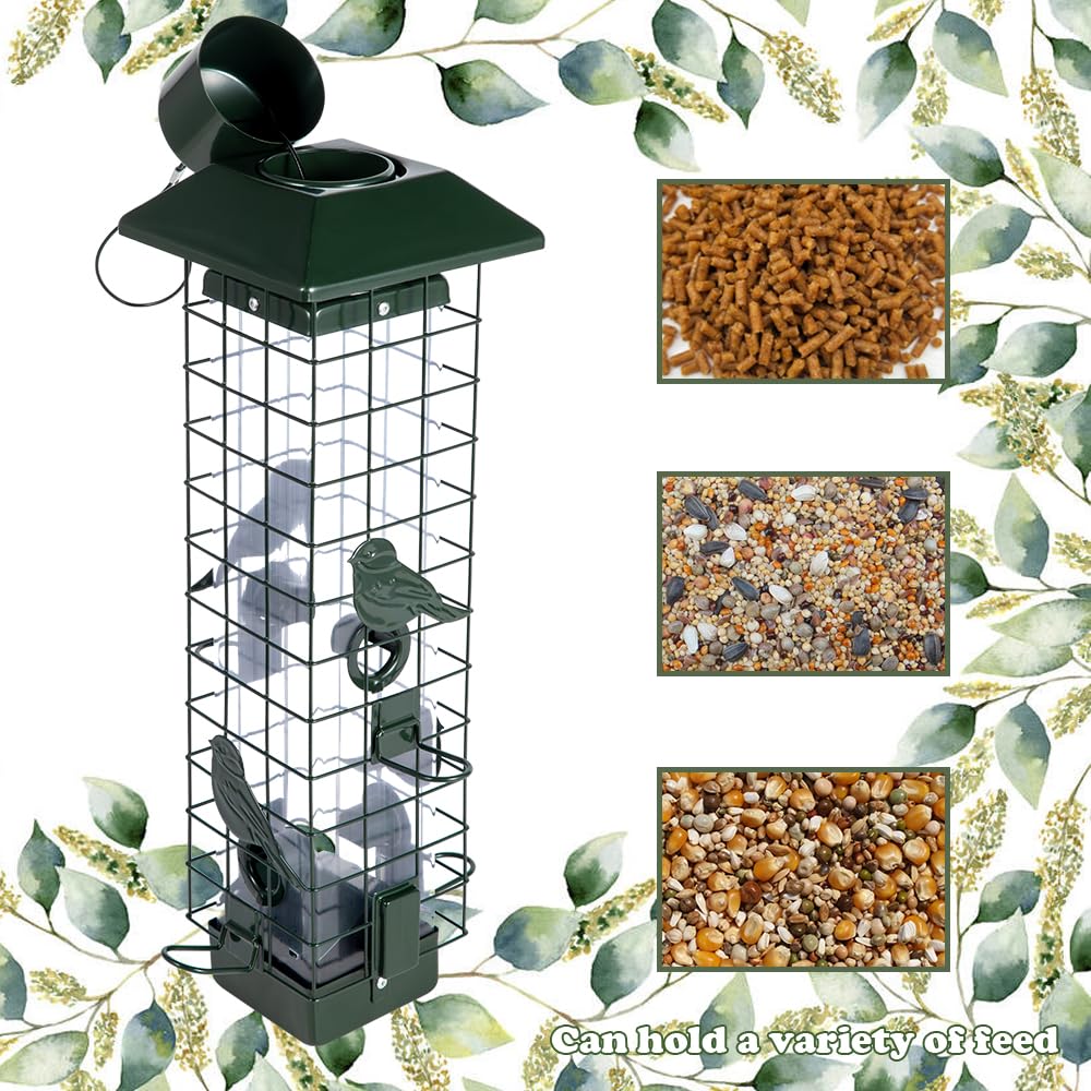 Squirrel Proof Bird Feeders for Outdoors, Metal Wild Bird Feeder for Outside Hanging, 4 Ports Perches, 3LB Large Capacity (Green)