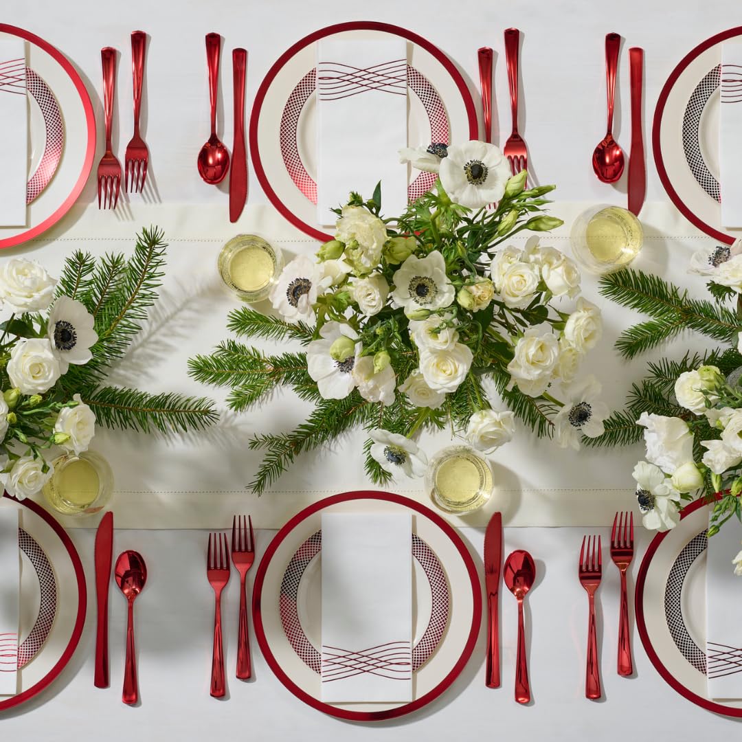 By Madee HEAVYWEIGHT 175 Pc White and Red Disposable Dinnerware Set – Fancy Plastic Plates for Party, Wedding & Bridal Shower (Serves 25)