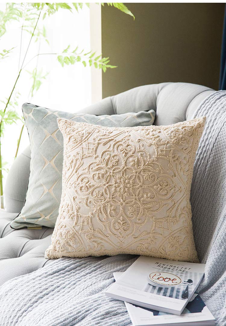 DOKOT Embroidery Throw Pillow Case Covers Square Cushion Cover 100% Cotton with Zipper for Home Decorative 20x20 inches(50x50cm) (Beige, 2 Pieces)