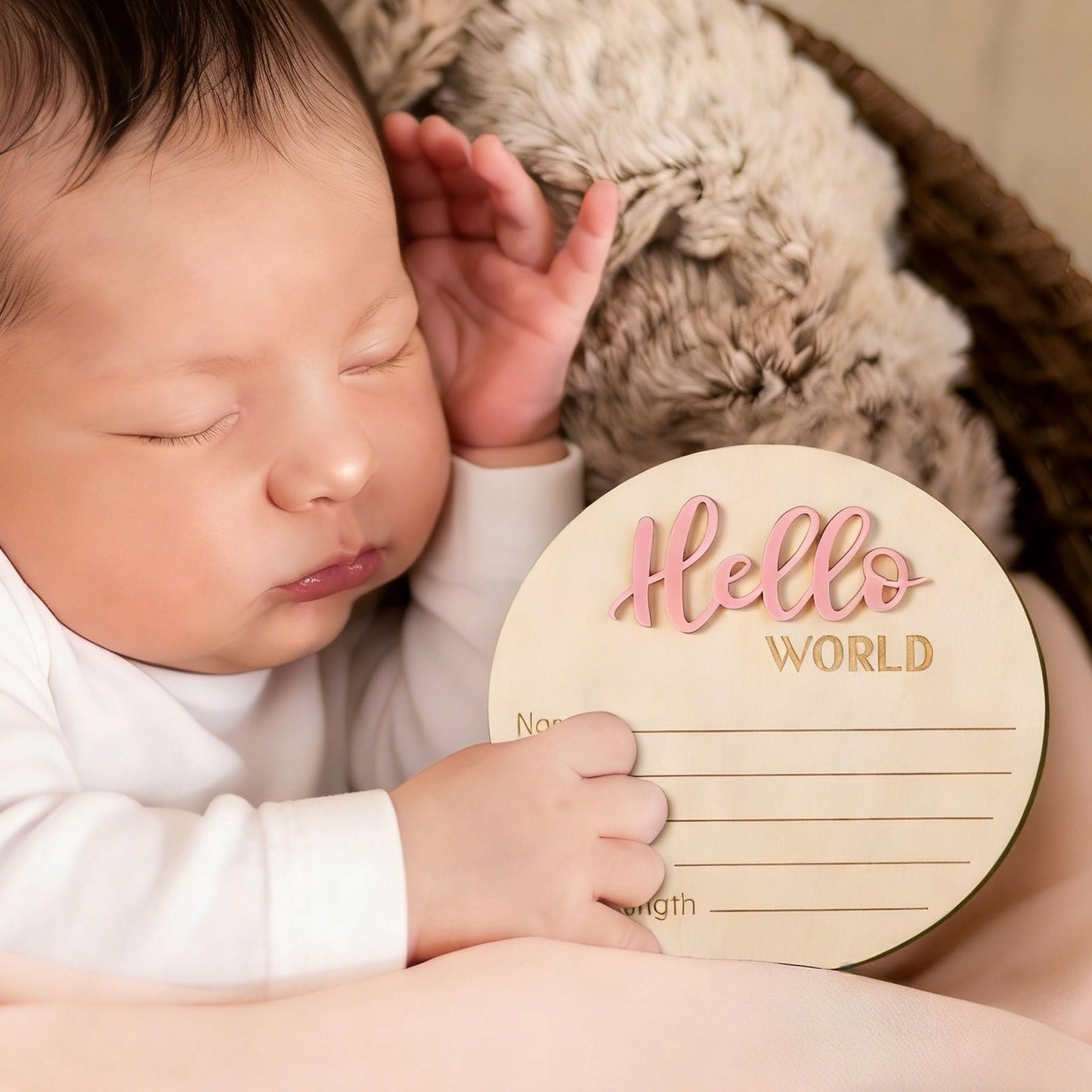 Baby Announcement Sign, 5.9in Wooden Hello World Newborn Signs Birth Announcement Sign Welcome Name Plaques for Newborn Boys and Girls Photo Props Baby Shower Hospital Nursery (Light Pink)