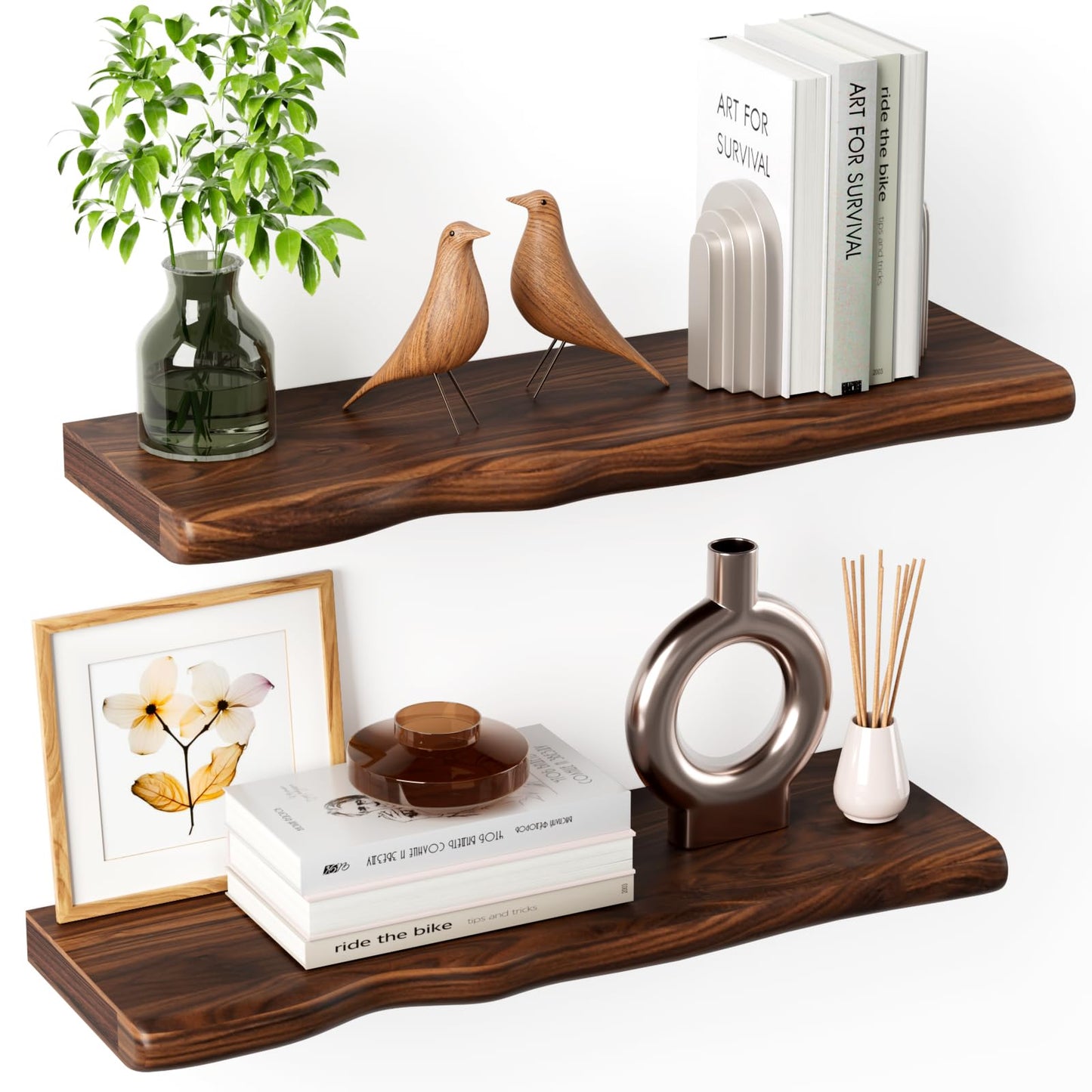Avytronx Solid Wood Live Edge Floating Shelves Set of 2 – 24" Rustic Wall Shelf with Hidden Bracket System, Wall Mounted Shelves for Bathroom, Kitchen, Living Room, Bedroom (Walnut)