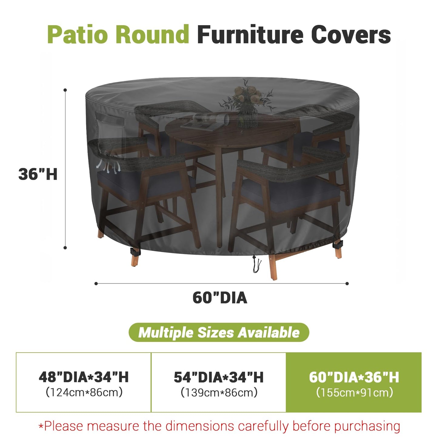 Vercome Heavy Duty Round Patio Dining Table Cover, 60 Inch Waterproof Outdoor Furniture Cover for Large Round Table and Chair Sets (Black, 60"DIAx36"H)