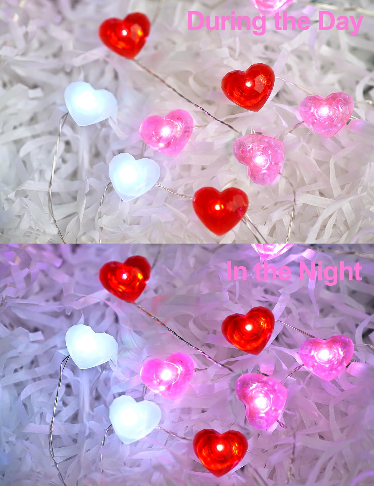 Libreath Valentines Day Decor 10 ft 40 LEDs Red White Pink Heart String Lights Battery Operated Garland Valentines Day Lights with Timer Valentine's Day Decorations for The Home Indoor Mother's Day