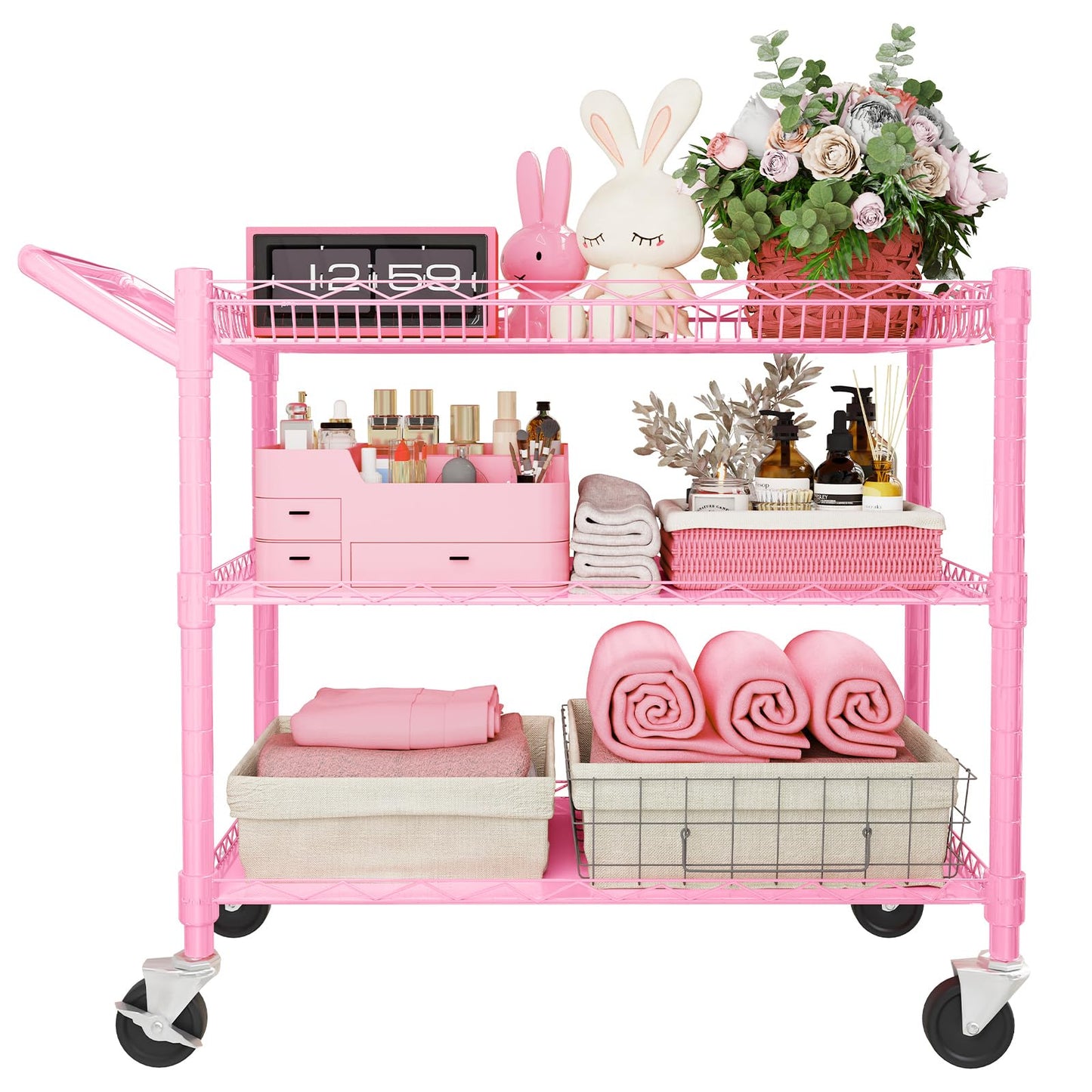 YNN Pink Rolling Cart, 990Lbs 3 Tier Heavy Duty Metal Cart with Wheels & Handle NSF Wheeled Cart 31" D x 18" W x 33" H for Bedroom, Bathroom, Kitchen,Garden,Decor,Serving