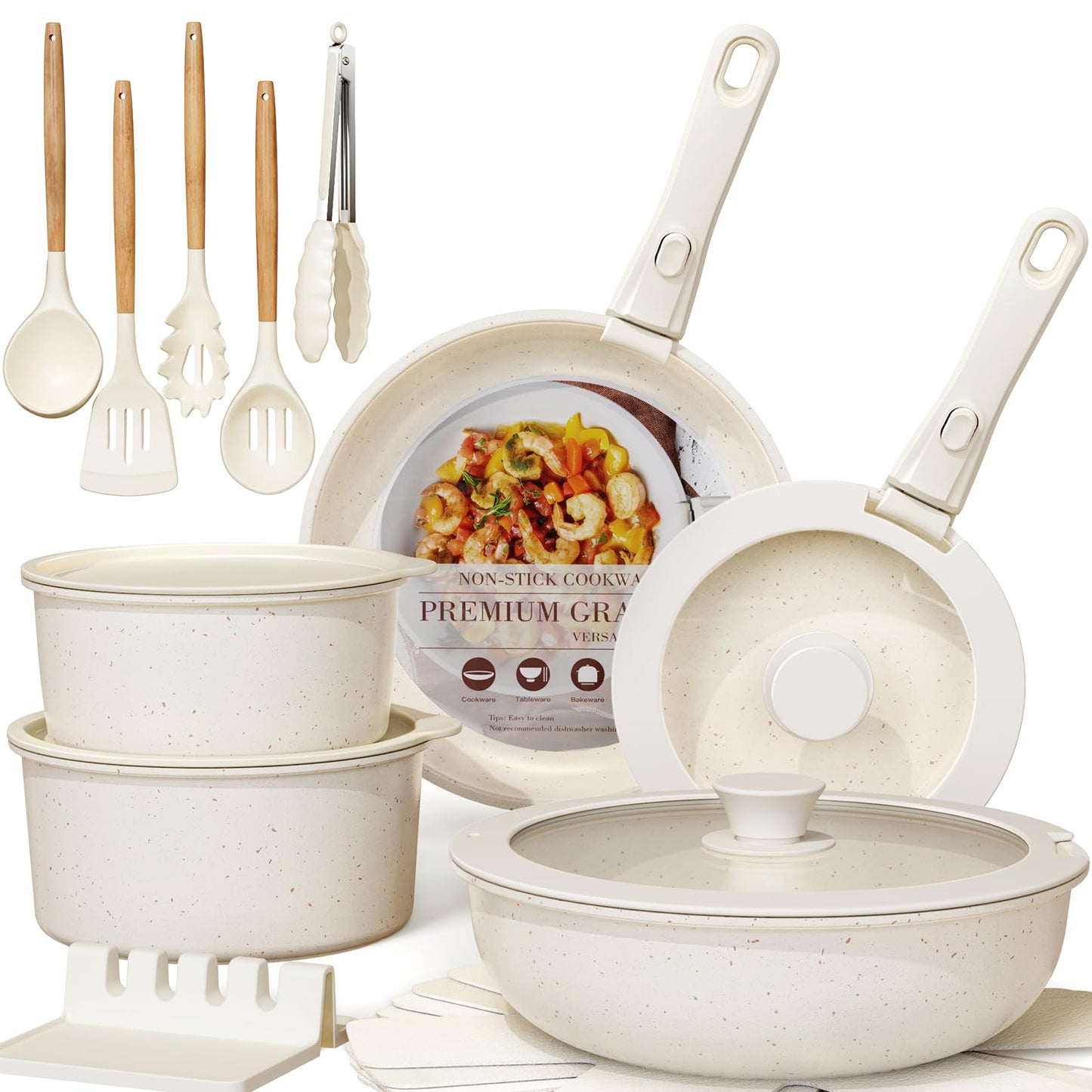 Astercook 21 Pcs Pots and Pans Set Non Stick, Ceramic Cookware Set Detachable Handle, RV Kitchen Cooking Set Removable Handles, Oven Safe, Induction Ready, Stackable, Cream White, Mothers Day Gifts