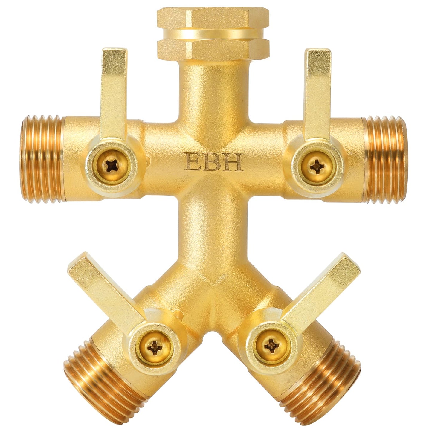 EBH Brass Garden Hose Splitter Full Flow, Outdoor Faucet Heavy Duty Hose Splitter 4 Way High Flow, 3/4-Inch Multi-Angle Spout with 4 Individual On/Off Valve and Extended Handle