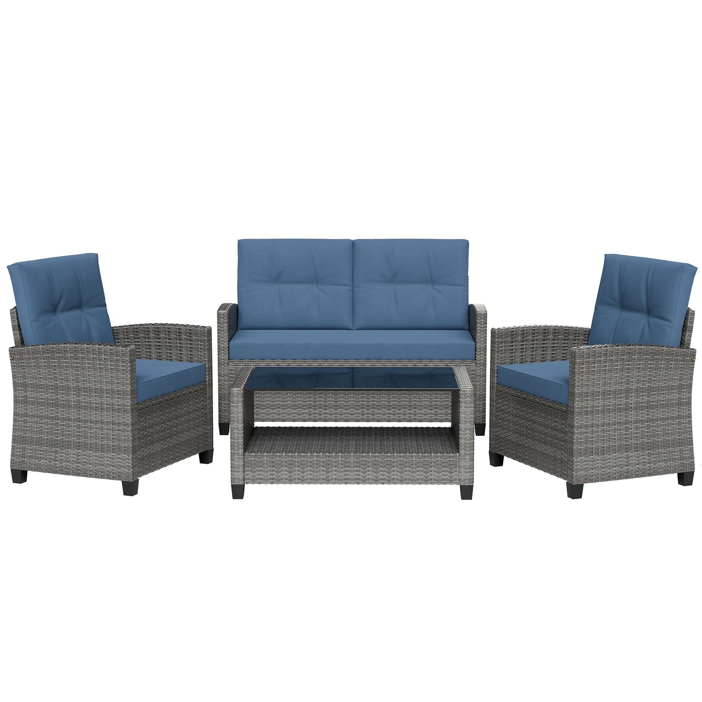 Shintenchi 4 Piece Patio Furniture Set, Outdoor Rattan Conversation Set with Coffee Table, Outside Wicker Sectional Sofa Couch with Cushion, Gray and Blue