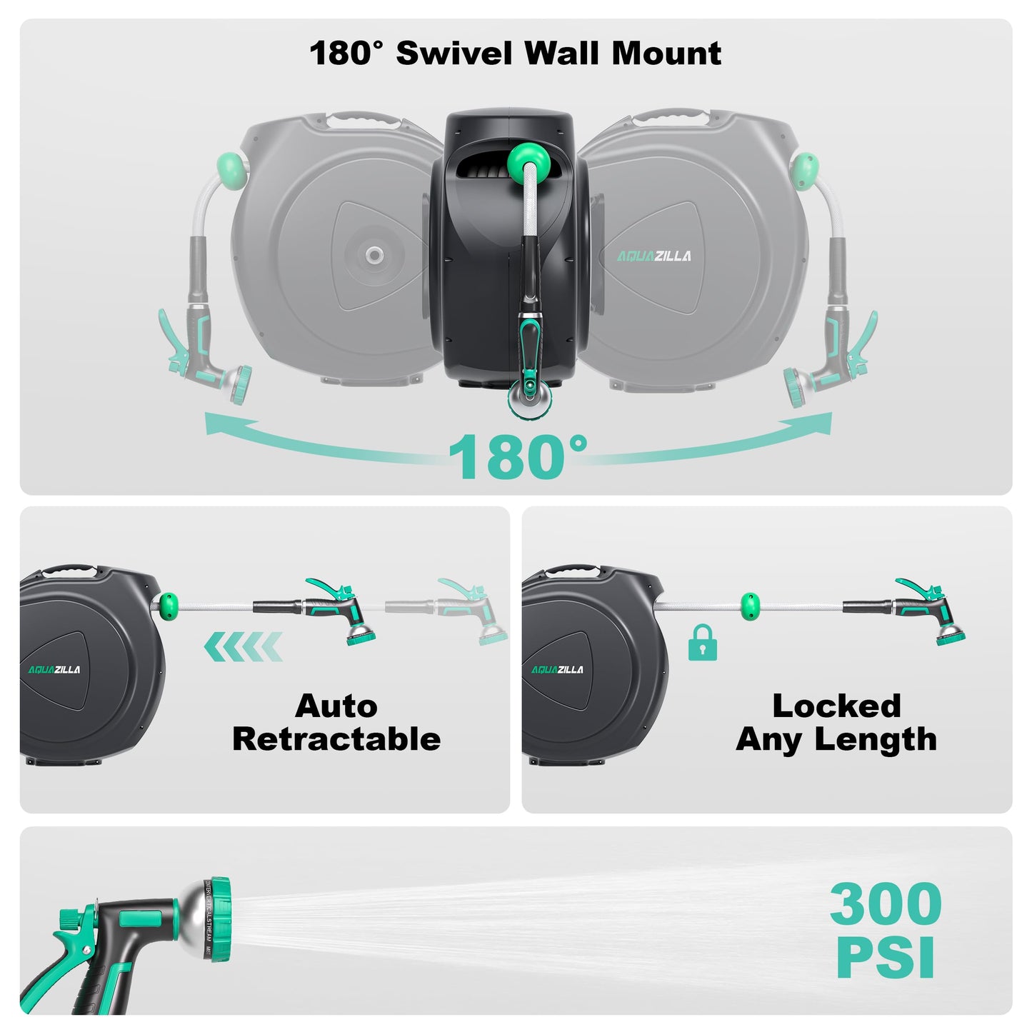Retractable Garden Hose Reel, 65FT +6FT 5/8" Durable Wall Mounted Water Hose Reel with 180° Swivel Bracket, 9 Pattern Sprayer, 6Ft leader hose,Smooth Automatic Rewind, Any Length Lock.