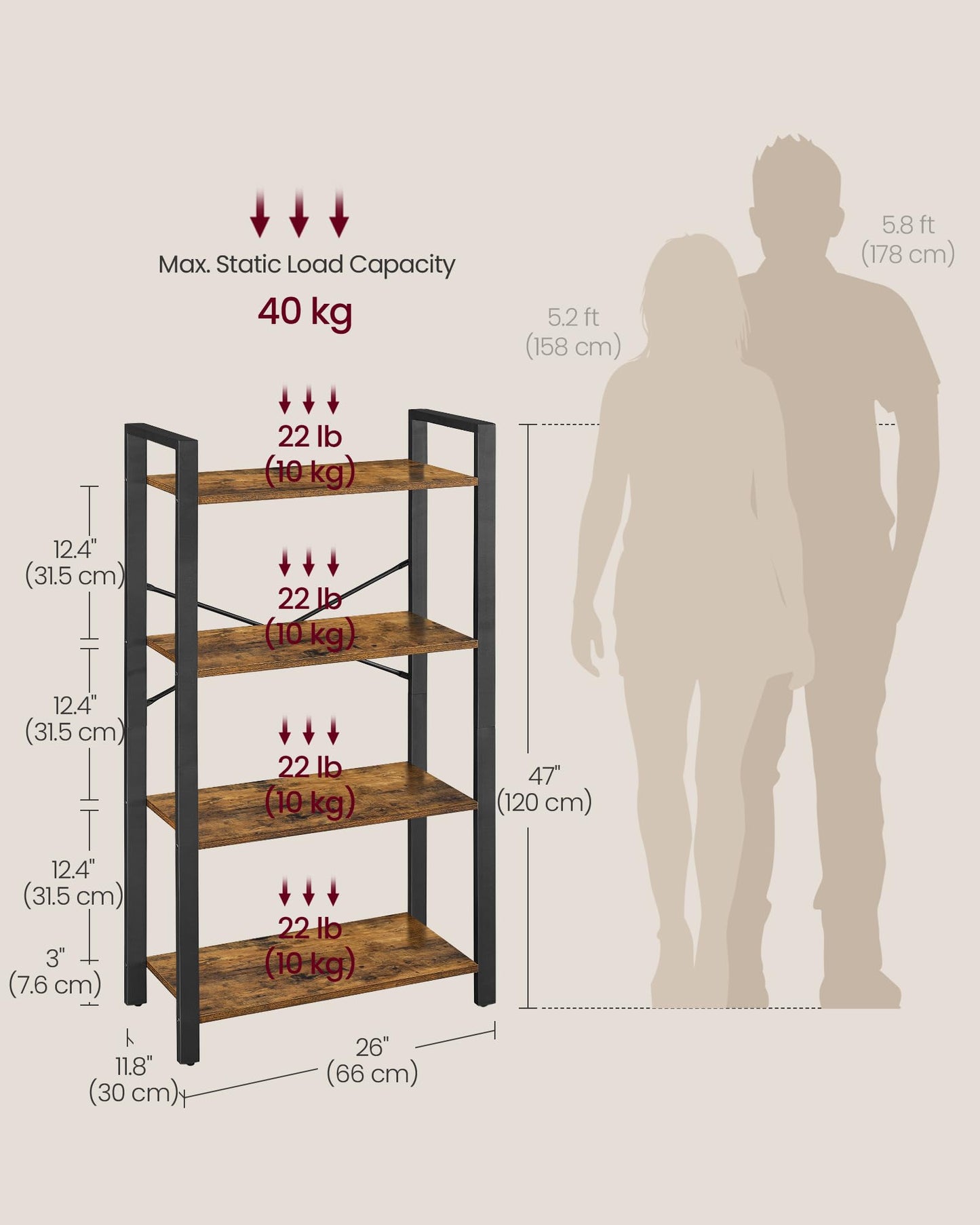 VASAGLE 4-Tier Bookshelf, Bookcase with Steel Frame, Book Shelf for Living Room, Home Office, Study, 11.8 x 26 x 47 Inches, Industrial Style, Rustic Brown and Ink Black ULLS60BX