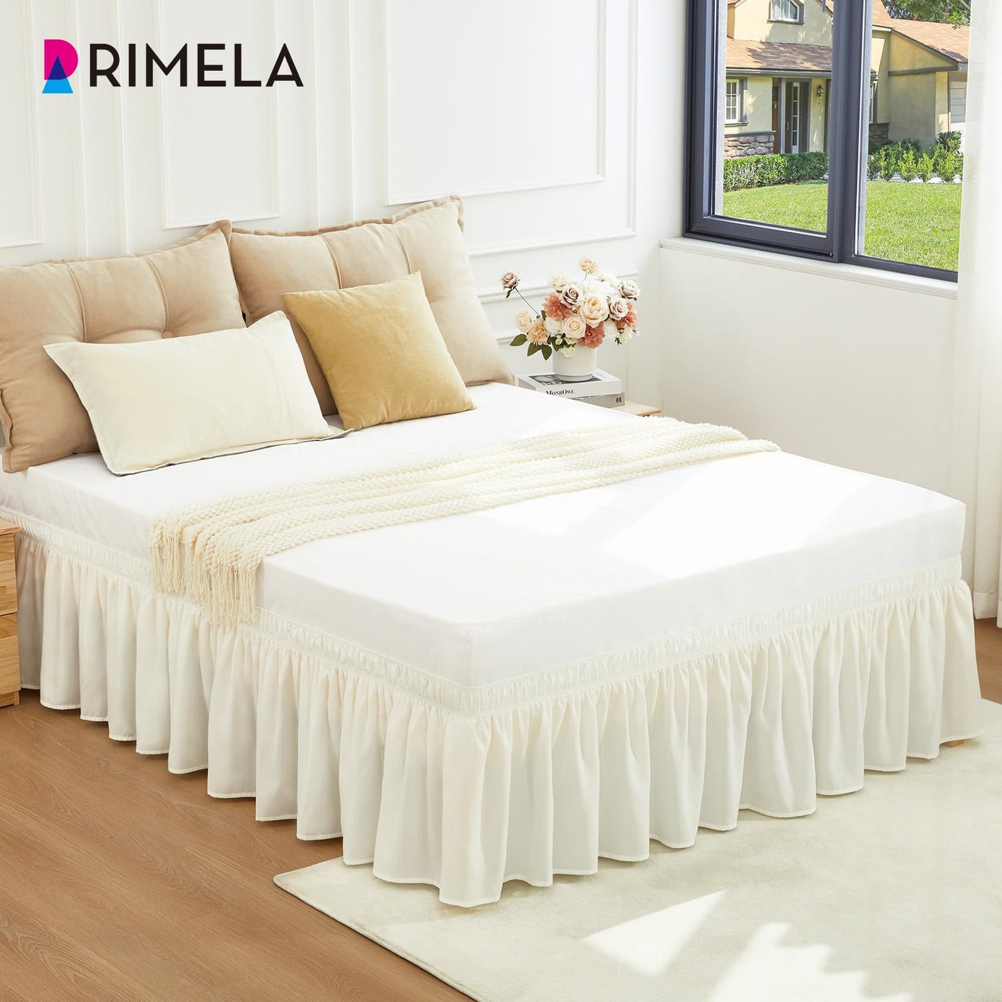 RIMELA Cream Bed Skirt Queen Size 15 Inch Drop, Elastic Bed Skirting for Bed Base and Frame, Bedding Dust Ruffle Easy to Install, Lightweight Wrap Around Adjustable Bedskirt