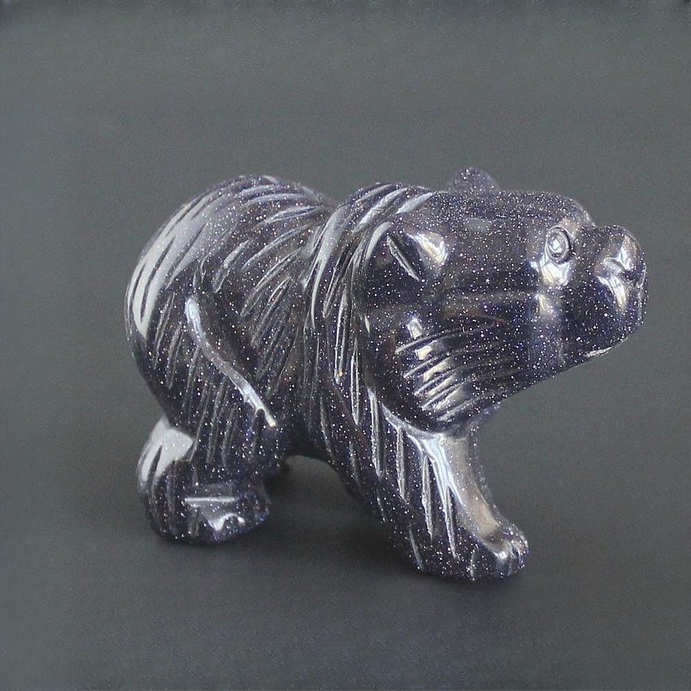 HLbshi Hand Carved Gemstone Crystal Bear Figurine Animal Statue Carving Office Home Decor Collections 2'' (Blue Goldstone)