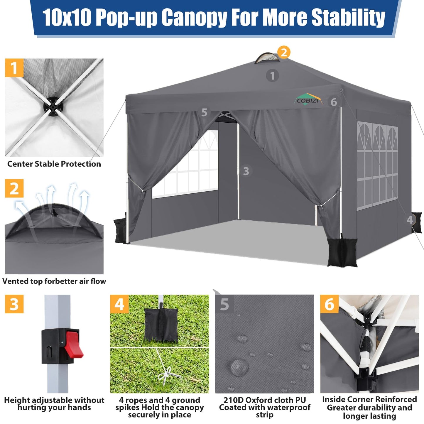 COBIZI 10x10 Pop Up Canopy Tent, One Push Outdoor Gazebo with 4 Removable Sidewalls & Air Vent, Waterproof Commercial Easy Up Adjustable Canopy with 4 Sandbags, 4 Stakes & 8 Ropes for Party,Grey