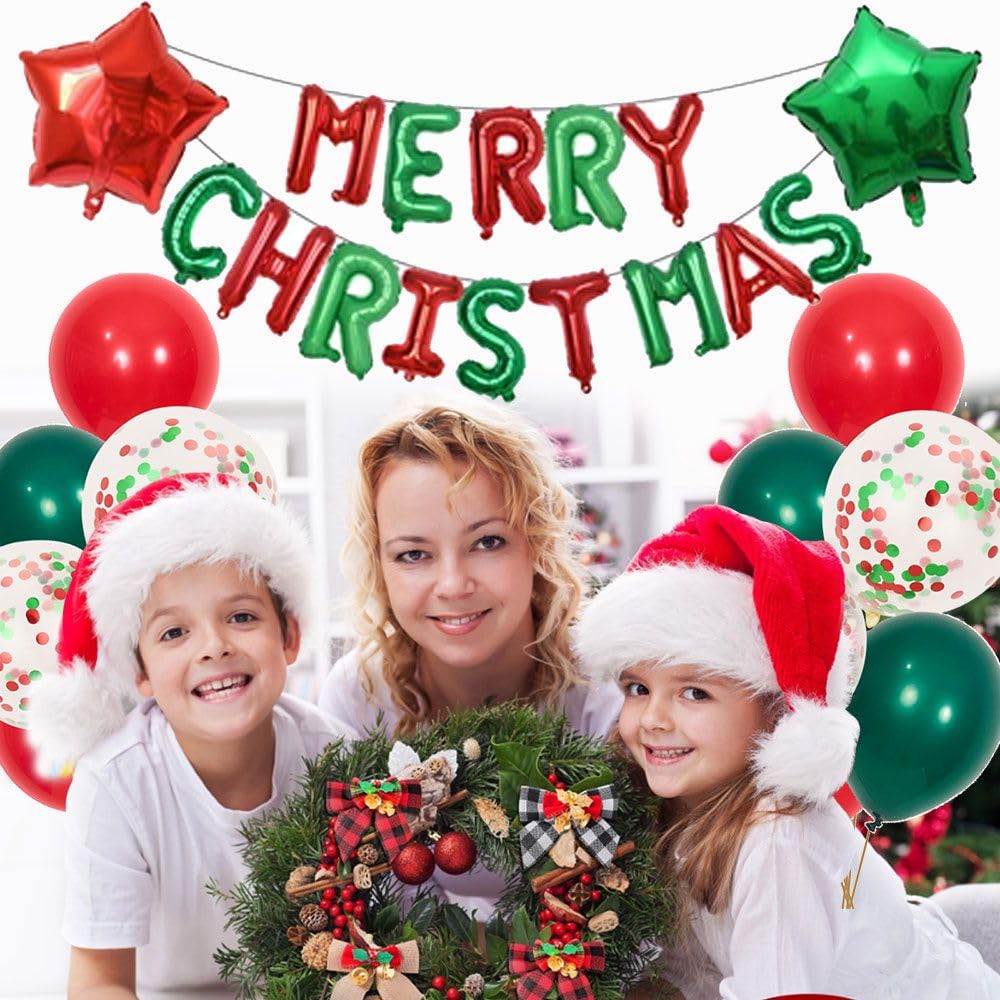Merry Christmas Balloons Banner 13pcs Aluminum Foil 16 Inch Letters with 2pcs 18 Inch Star Balloons 30pcs Red Green Confetti Balloon for Christmas Party Decorations