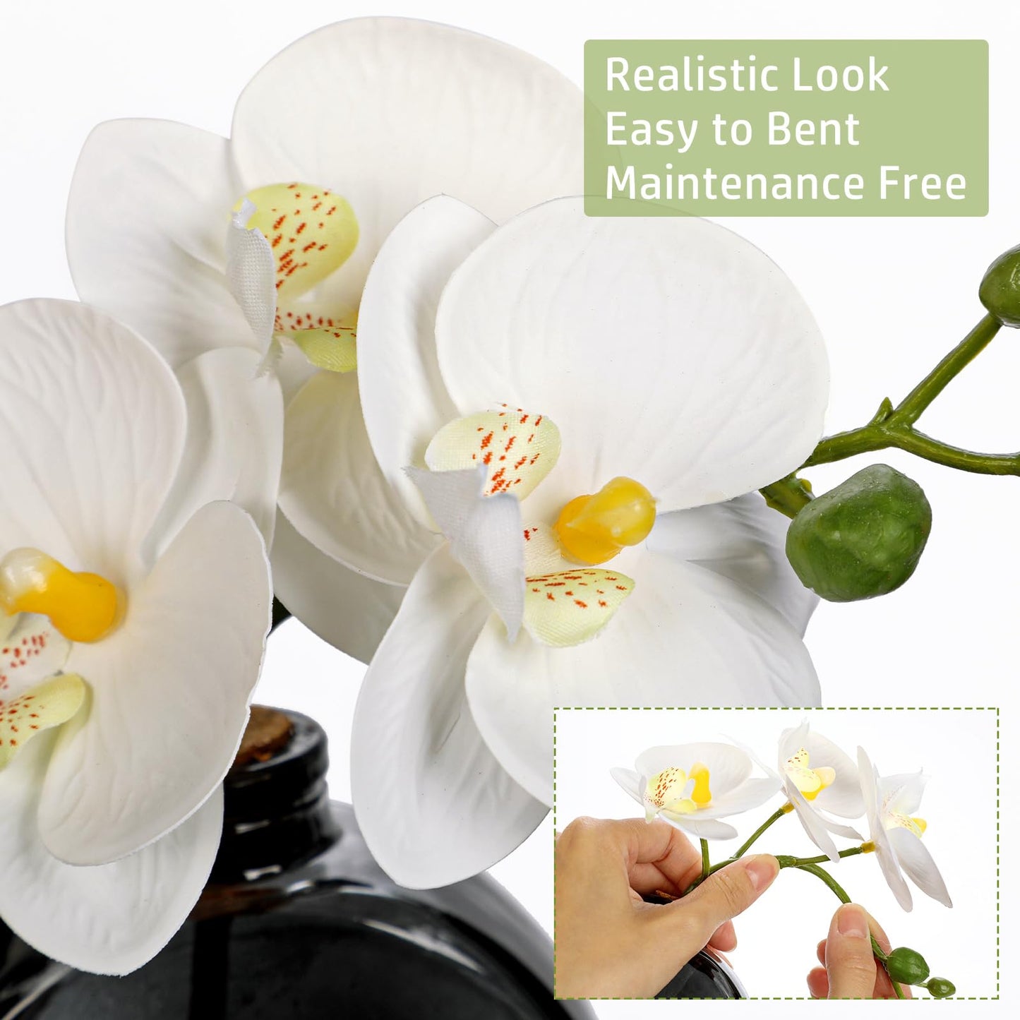 Oairse White Orchids Artificial Flowers Faux Orchids Arrangement in Black Glass Vases Set of 3 Real Touch Phalaenopsis Orchid Flowers Small Fake Orchid Centerpiece for Dining Room Table