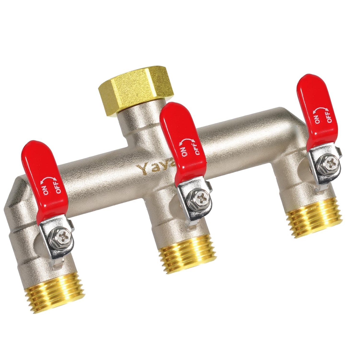 Yayamz Heavy Duty Brass Garden Hose Splitter - 3-Way 3/4" GHT Thread, High Flow Faucet Splitter, Water Hose T Spigot Splitter with Shutoff Valves, Water Adapter & Connector-Long Metal Handle