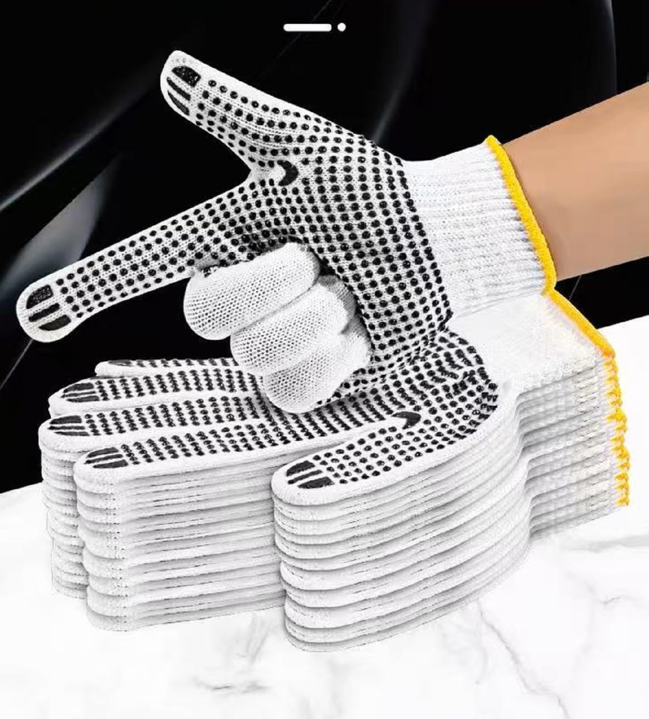Safety Work Gloves with Anti-slip Dots 12 Pairs White Polyester Knitted Gloves for Garage Warehouse Painter Mechanic Industrial Gardening Construction (Black)