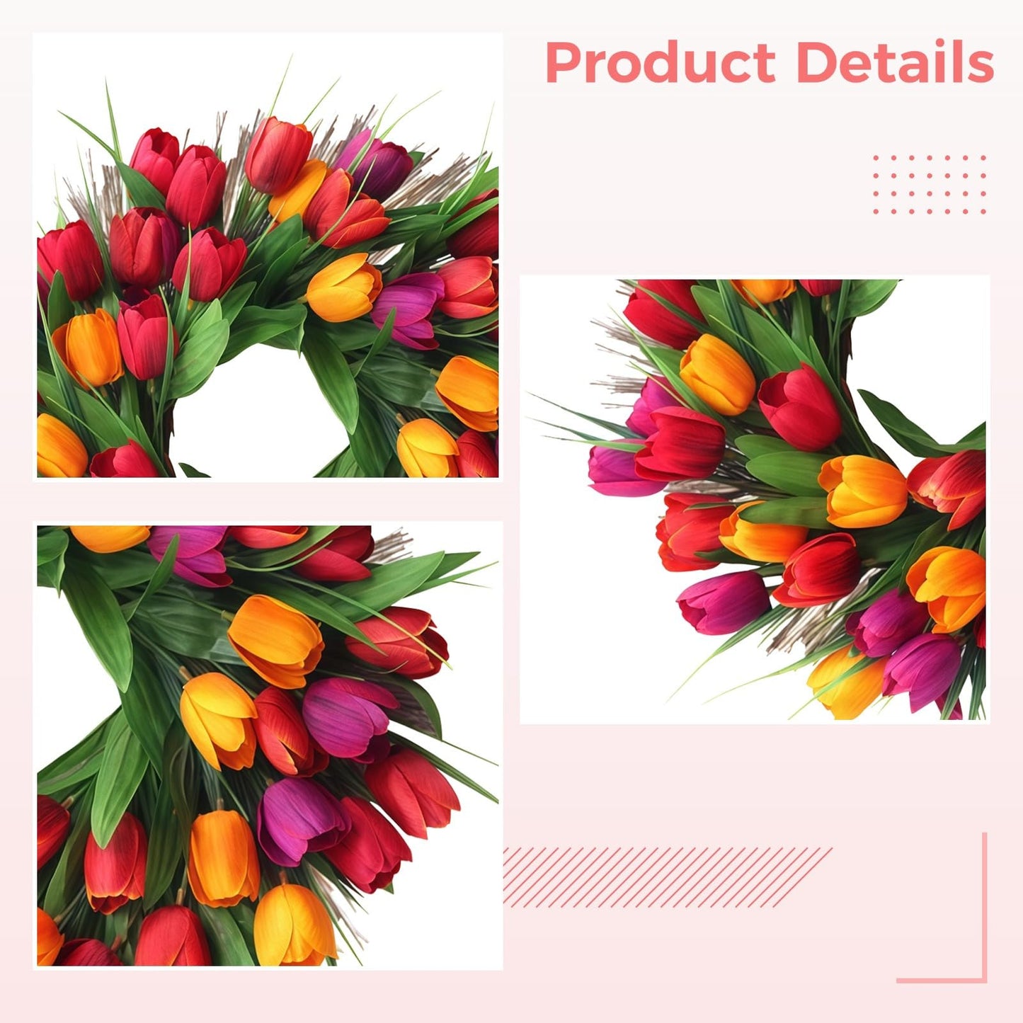 Vestamore Red, Yellow, Orange, Vibrant Petals with Faux Spring Wreath, 15.8 in/ 40 Cm for Front Door, Rattan Base Natural, Decoration Spring Multi-Purpose Home and Outdoor