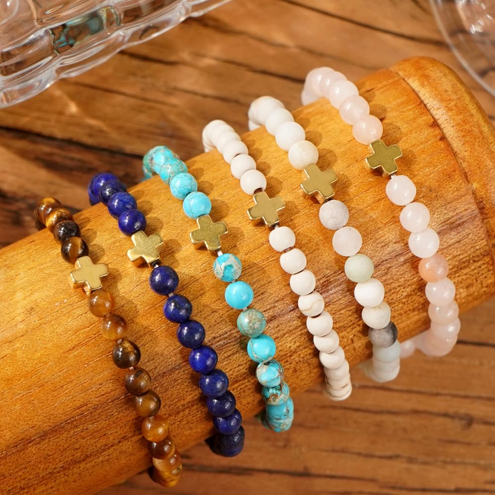 SHINUS BOHO Dainty Cross Healing Crystal Beaded Stretch Bracelet for Women,Handmade Bohemian Powful Turquoise Stones Claming Bracelet Trendy Birthday Christian Catholic Jewelry Gift Sister Friendship
