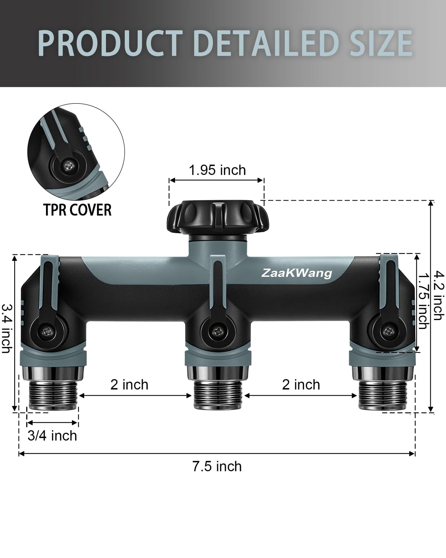 ZaakWang Garden Hose Splitter, 3 Way Hose Splitter, Heavy Duty Water Hose Bib Spigot Splitter, Outdoor Faucet Splitter with Shutoff Valve, T Adapter Connector with 3/4 - Inch GHT Thread (Grey)