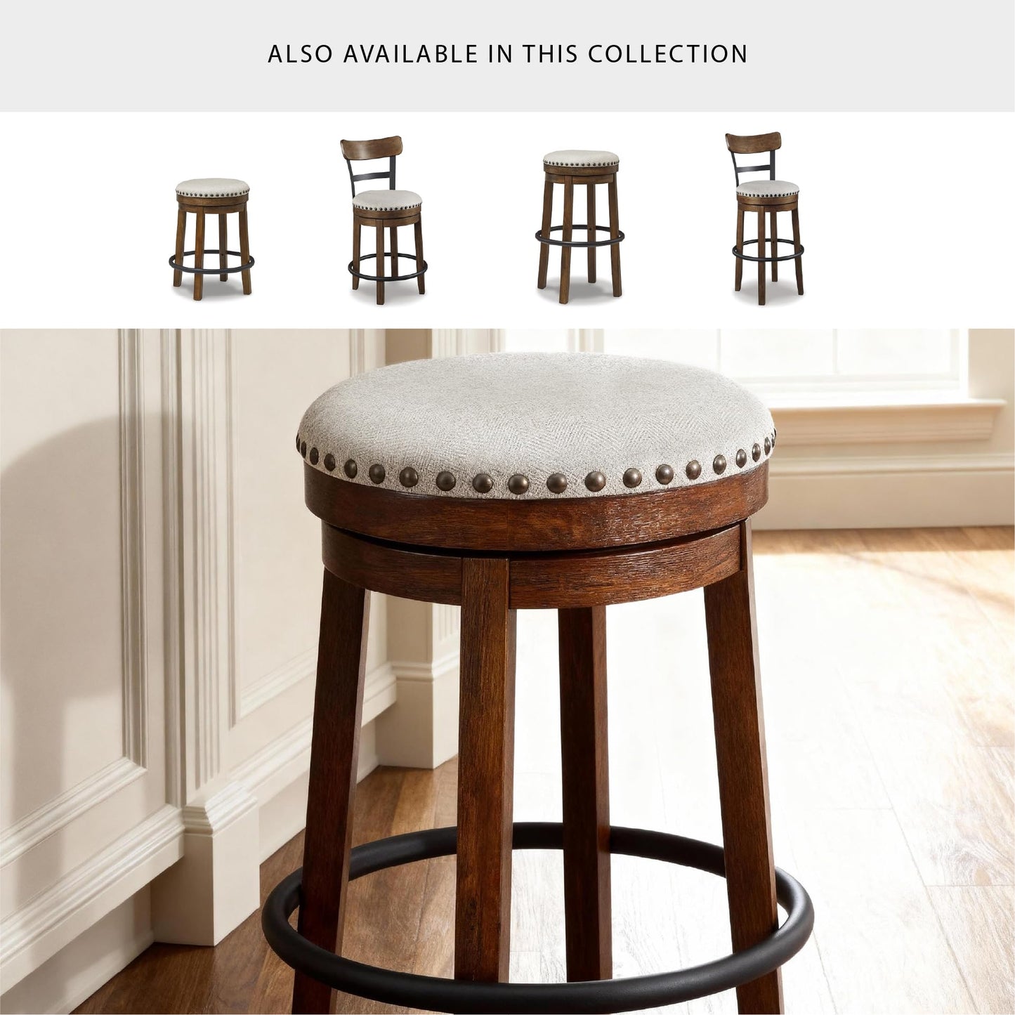 Signature Design by Ashley Valebeck Upholstered Swivel Stool, Cushioned Seat, Woven Fabric Upholstery, Wood, 24" H, Brown & Black