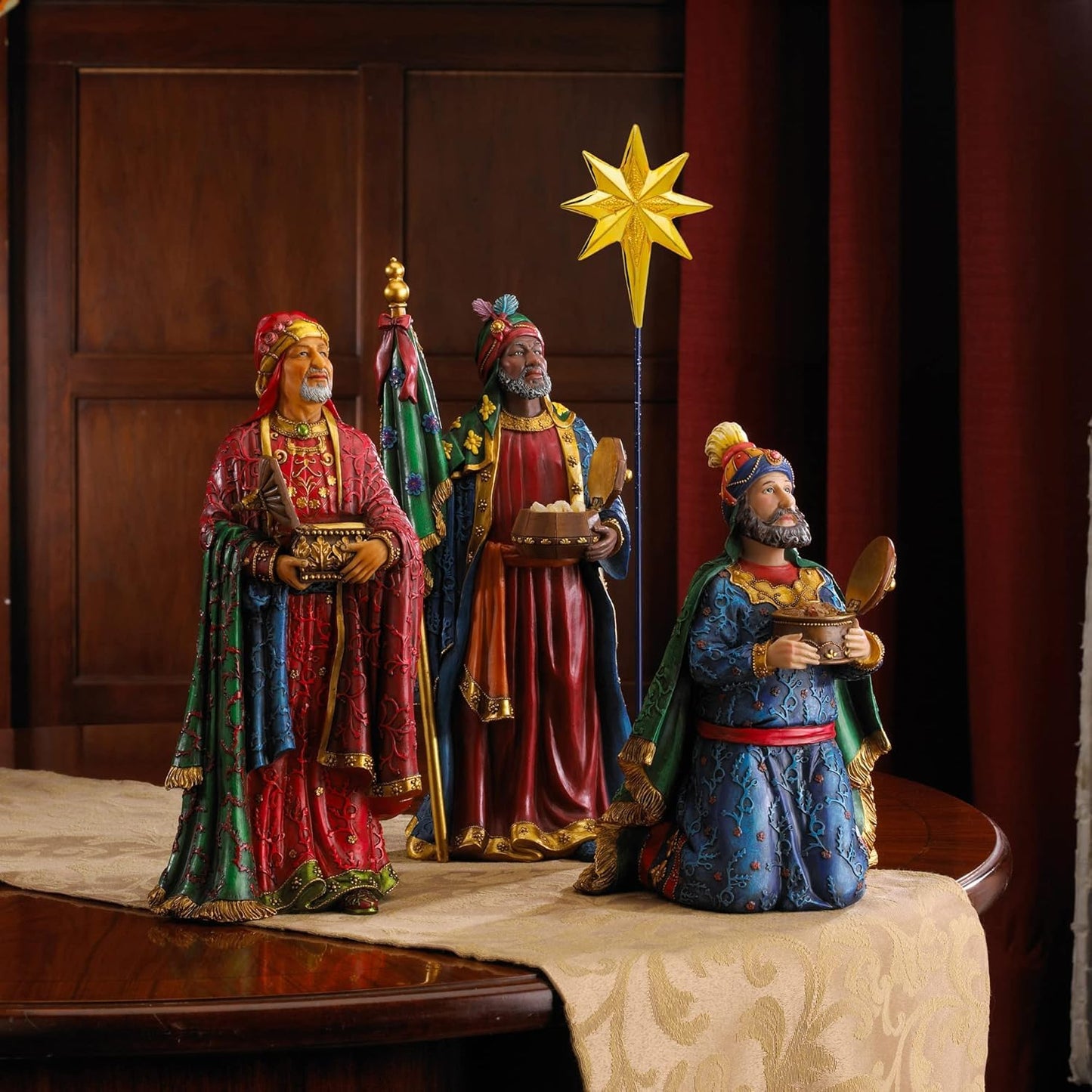 Three Kings Gifts Deluxe Edition Nativity Scene Set & Figures, 16-Pieces, 7 Inch Scale Collection with Real 23K Gold, Frankincense and Myrrh, Lighted Stable