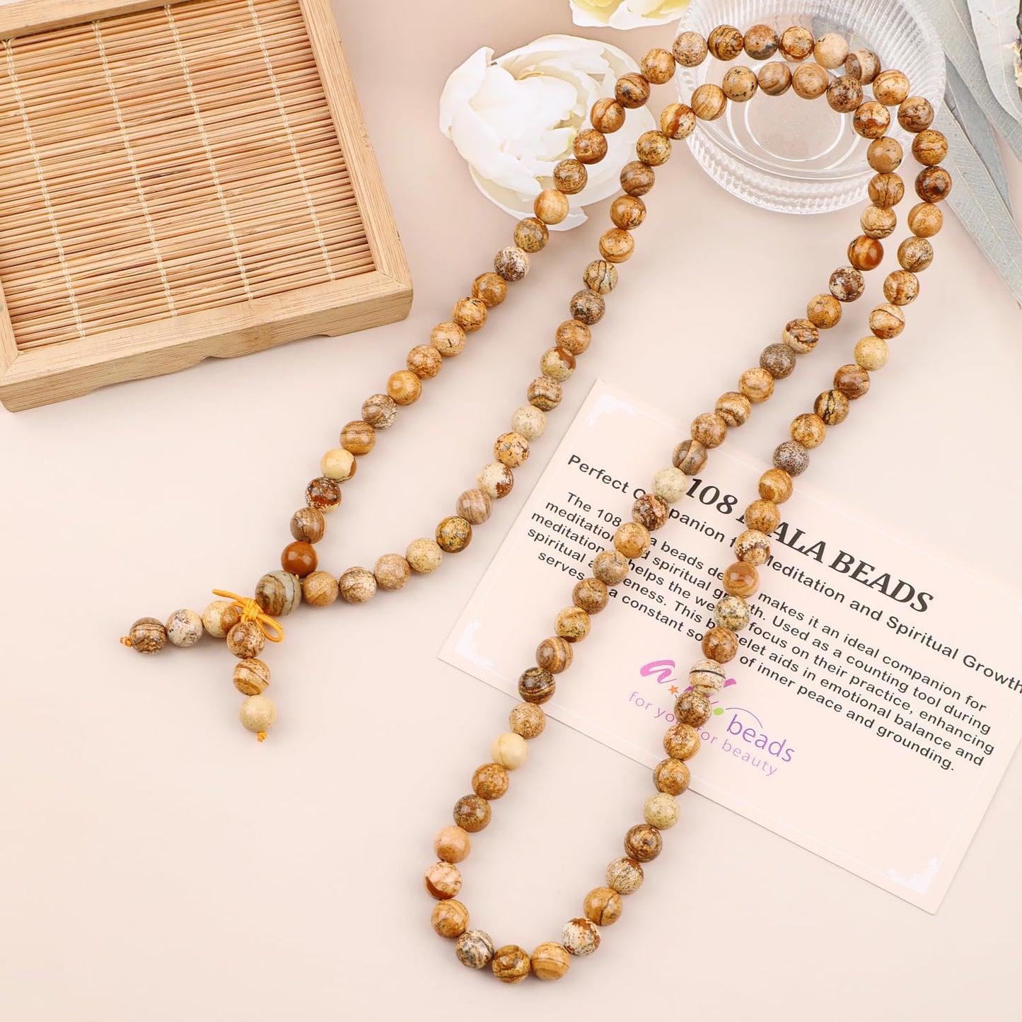 AD Beads 8mm 108 Prayer Mala Picture Jasper Elastic Bracelet - Spiritual Growth - Handmade Yoga Meditation Healing Power Energy Gifts for Unisex Adult.