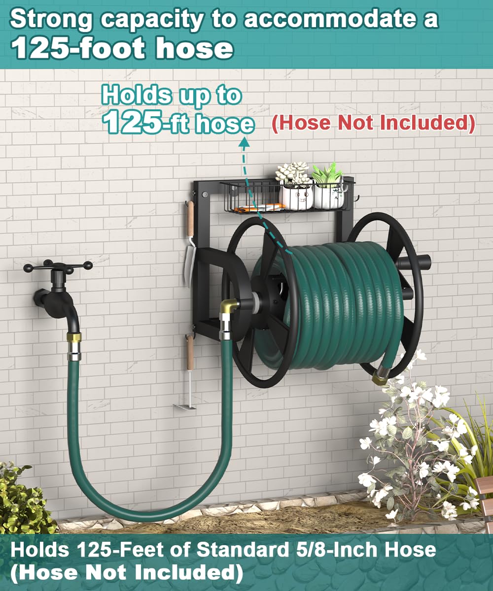 Artigarden Outdoor Wall Mounted Hose Reel with Hook, Garden Heavy-Duty Water Holder Winder with 3.9 ft Leader Hoses, Brass Fitting and Storage Basket for Yard, Holds 125 Ft of 5/8-Inch Hose, Black