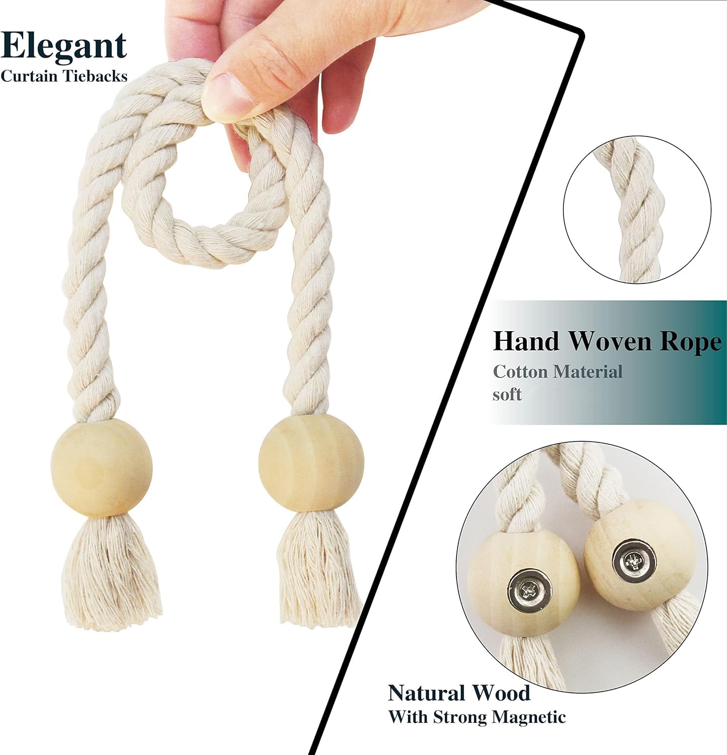 Nieffeiy 2 Pack Magnetic Curtain Tiebacks Cotton Hand Woven Tie Back Decorative Rope Holdbacks for Curtains Draperies No Tools Required, Beige