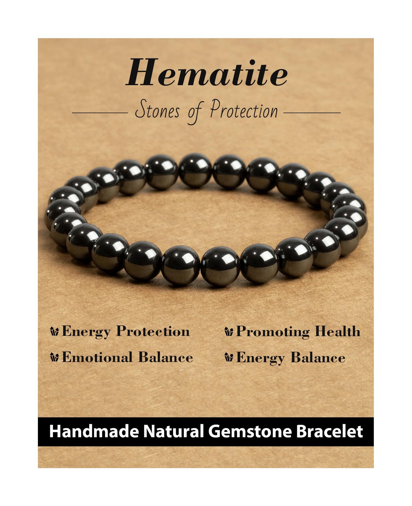 Landorilo Beaded Bracelet for Men Women, 8mm Natural Stone Hematite Healing Crystal Stretch Bracelets, Ideal Christmas Birthday Jewelry Gifts with Energy Card，Replacement Beads Included