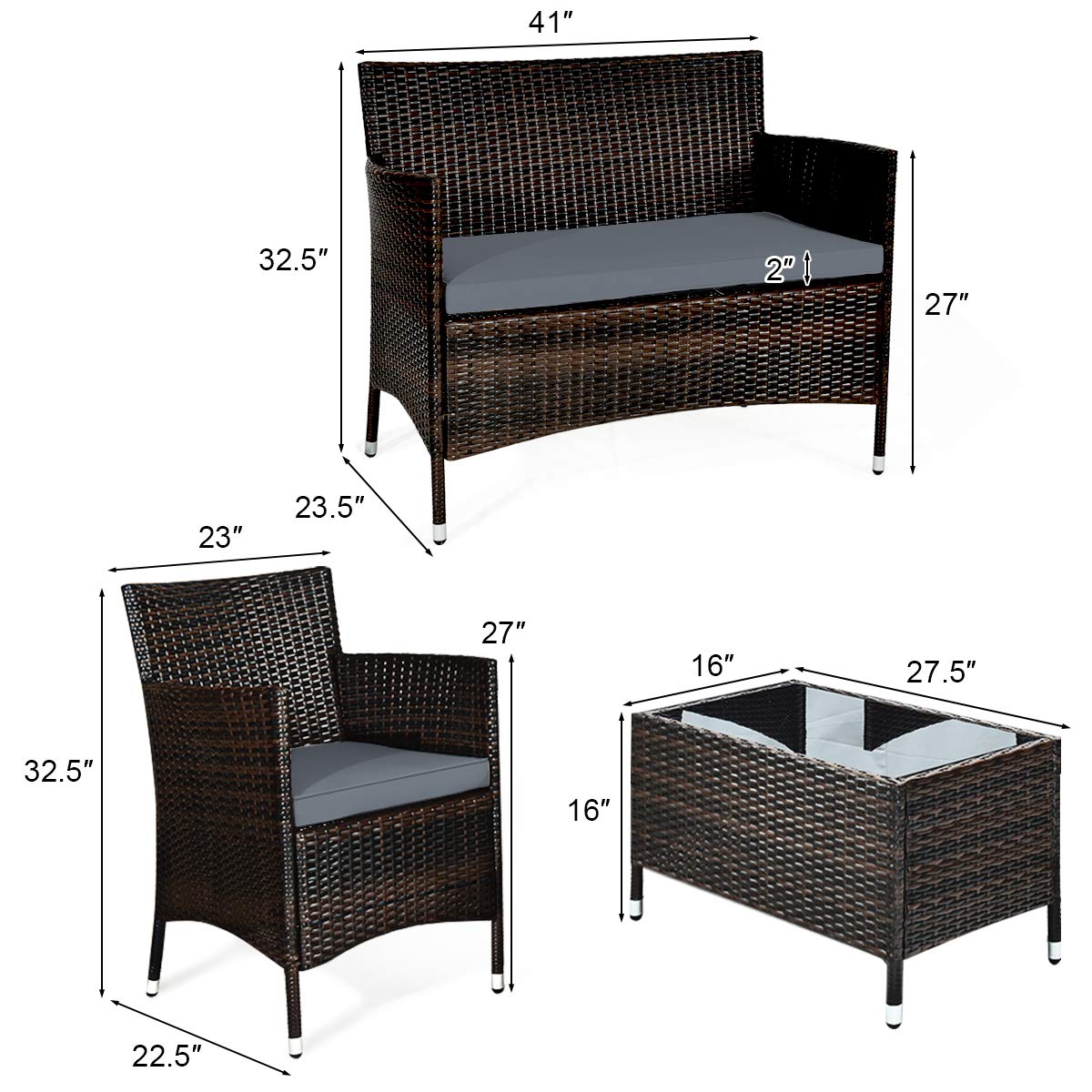 Goplus 4-Piece Rattan Patio Set, Outdoor/Indoor Wicker Conversation Set for Pool, Backyard, Lawn, Wicker Chairs and Sofa with Soft Cushion, Rattan Furniture with Tempered Glass Coffee Table