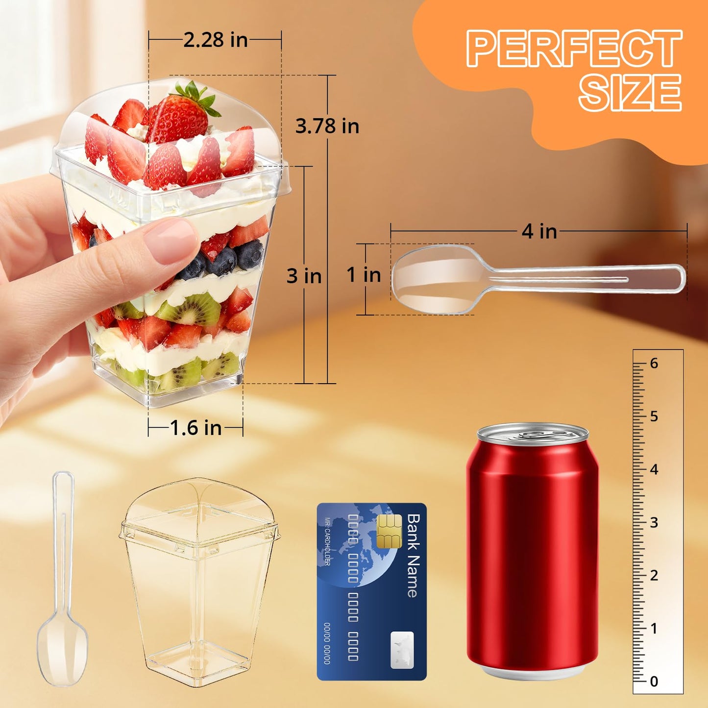 5oz Plastic Dessert Cups with Lids and Spoons, Clear Small Yogurt Parfait Cups with Lids, Mini Dessert Shooter Cups with Spoons, Square Appetizer Cups for Party Fruit Pudding Trifle Ice Cream 20 Pack