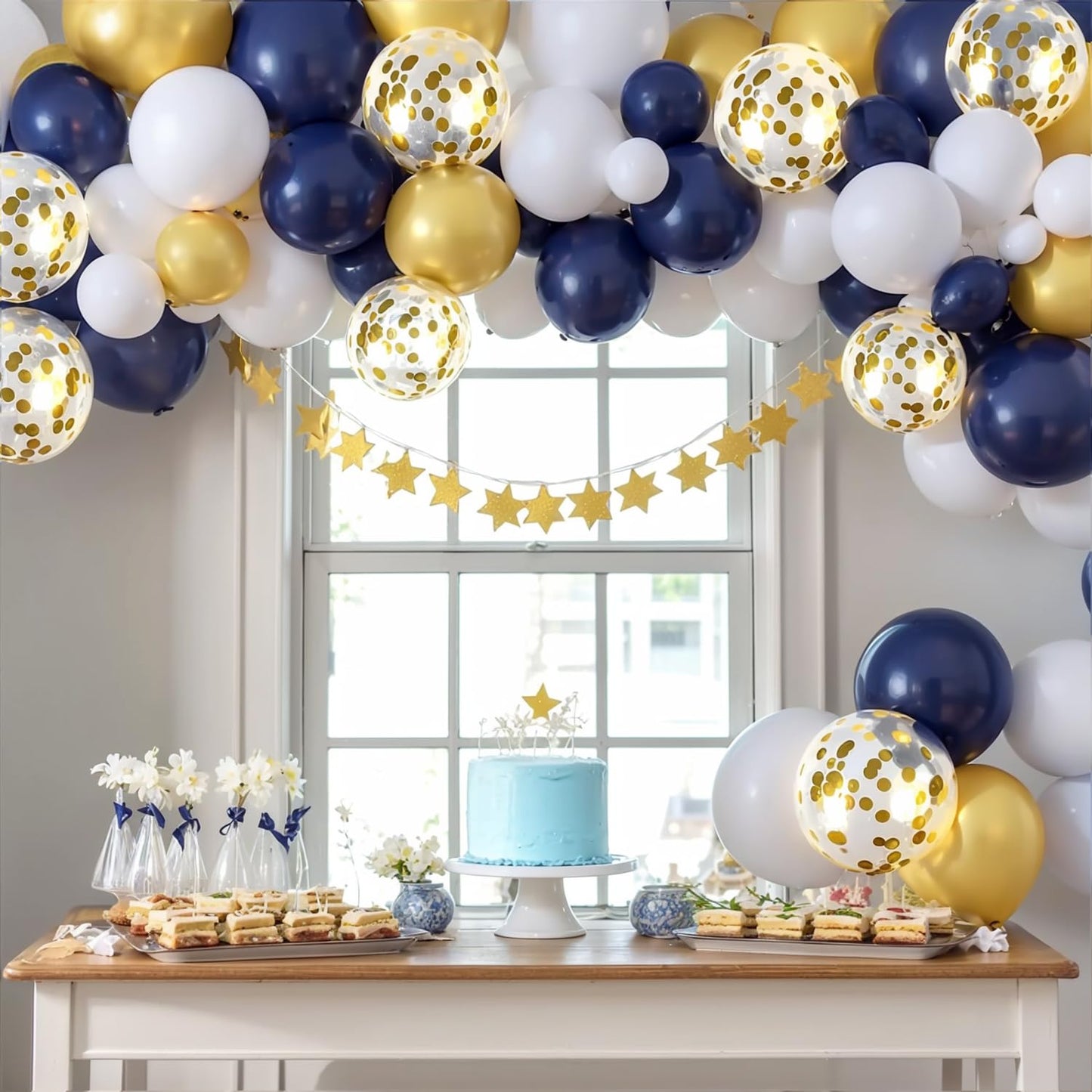 Zesliwy Navy Blue Gold Confetti Balloons Set,50pcs 12inch Royal Dark Blue Metallic Gold White Latex Balloons with Ribbon for Birthday Wedding Graduation Bridal Shower Party Decorations