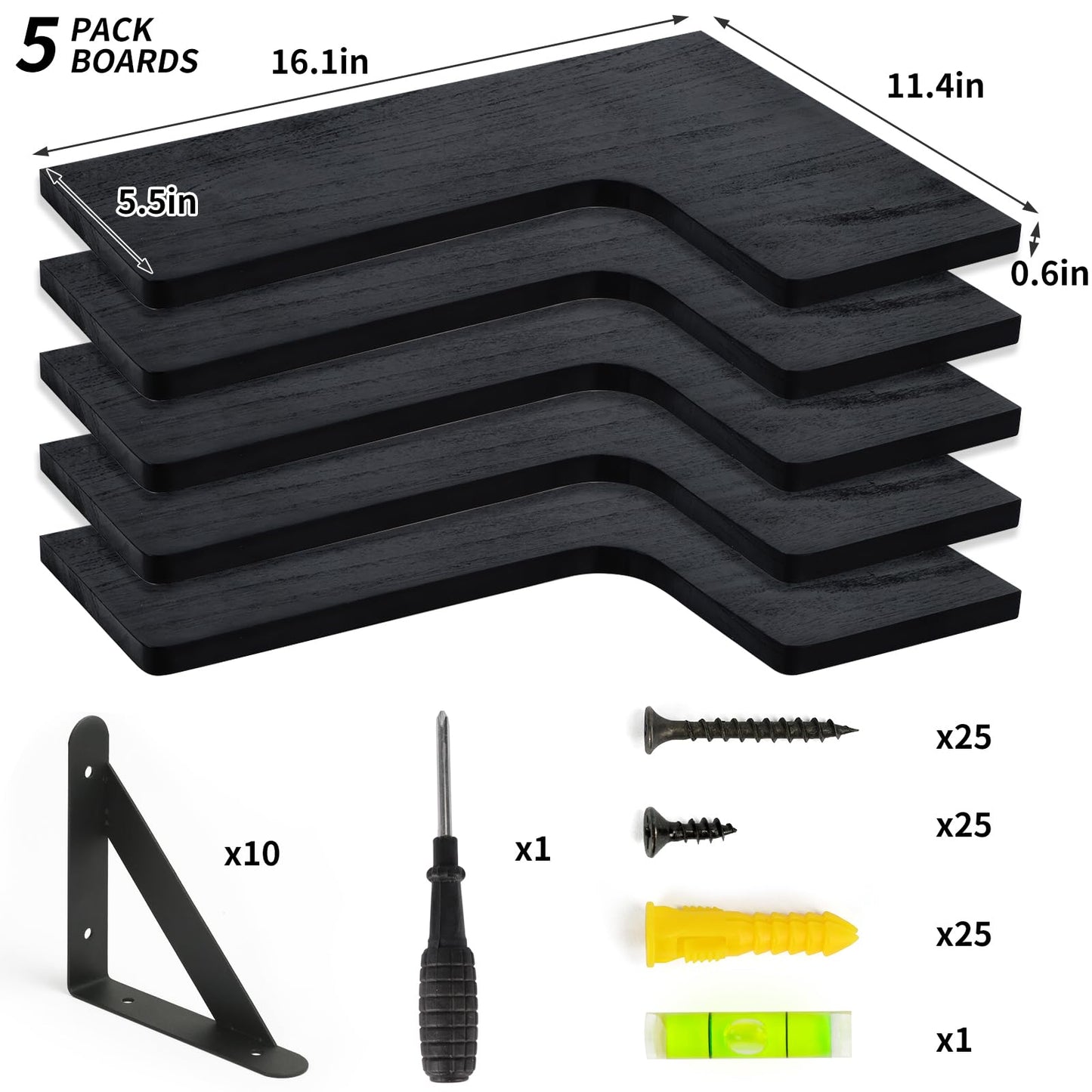 Fixwal Corner Shelves Floating Shelves for Wall Bathroom Kitchen Bedroom Home Decor Laundry Room Living Room Set of 5 (Black)