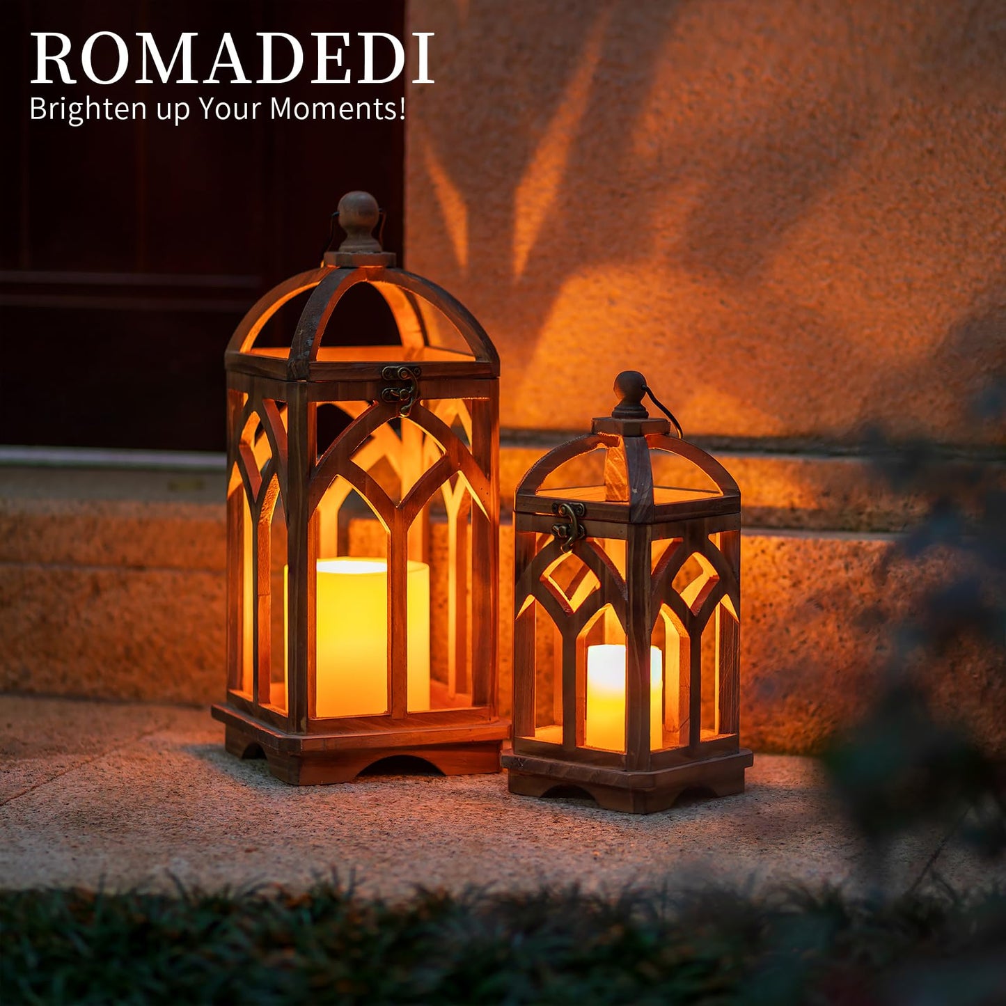 Romadedi Farmhouse Candle Lantern Wooden - 12" / 16" Set of 2 Decorative Rustic Wood Candle Holder Home Decor Decoration Wedding Table Centerpiece, Brown