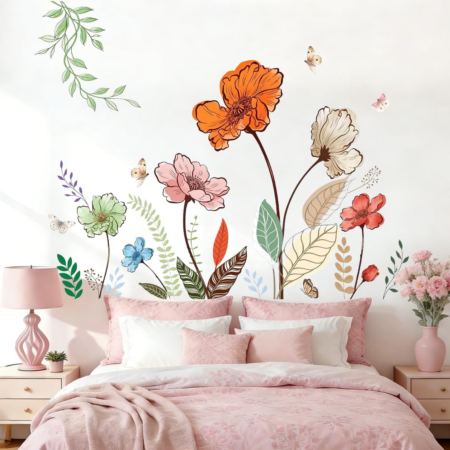 Flower Wall Decals Large Boho Wall Stickers - Wildflower Floral Spring Wall Art Decals Wall Decor Peel and Stick for Living Room Bedroom TV Wall