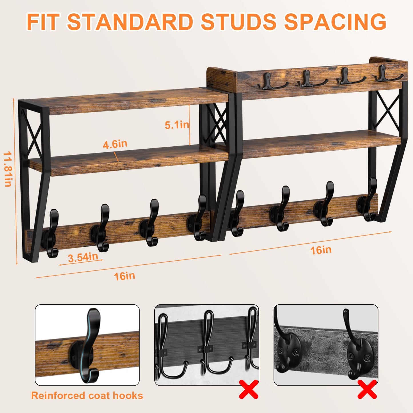Dhmkfly Upgraded 32-inch Coat Rack Wall Mount with Shelf, 4 in 1 Versatile Coat Hanger Key Holder Wall Mount, 3-Tier Entryway Wall Shelf with 12 Hooks and Mail Holder for Living Room Bedroom Bathroom