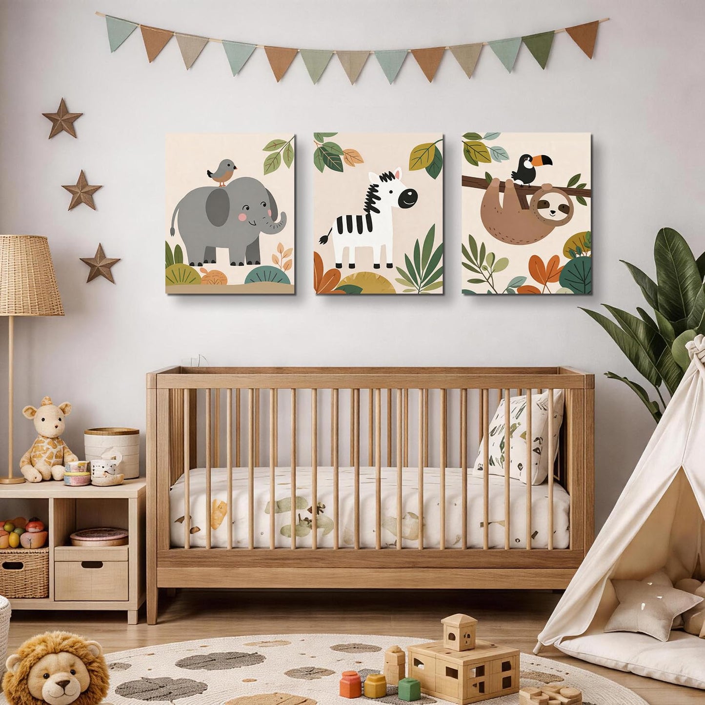 TYPTEK Nursery Wall Art Decor Set of 3,Boho Jungle Animals Whimsical & Educational Canvas Prints for Kids Room Playroom Baby Bedroom, Framed Ready to Hang,16x12 Inch