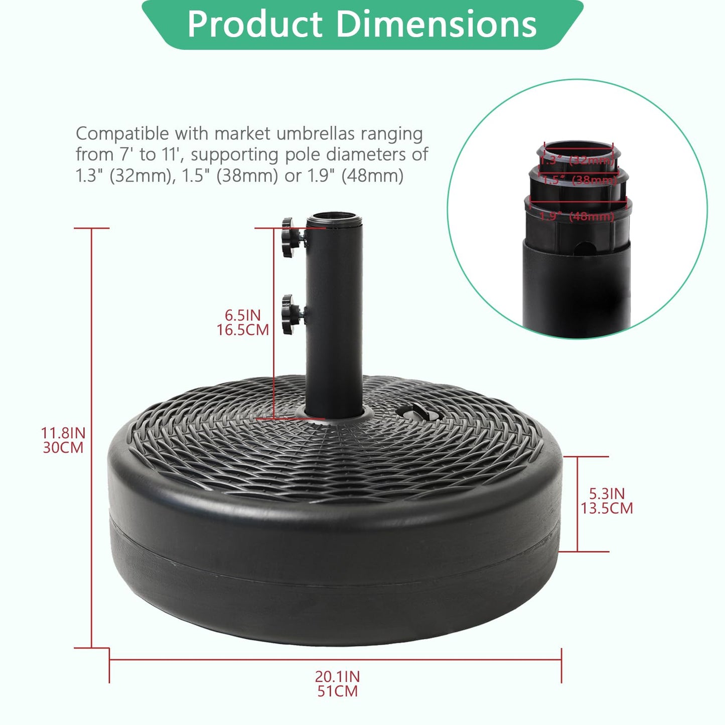 Helios&Hestia 70 lb Heavy Duty Round Umbrella Base, Plastic Water and Sand Fillable Outdoor Stand Weight for Patio Market Table Umbrella, Black