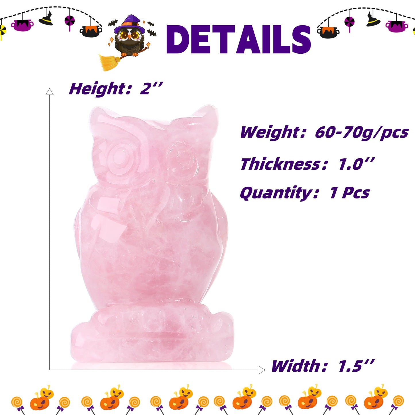 YATOJUZI 2” Owl Decors Natural Rose Quartz Crystals Stones Pink Cute Decor Polished Hand-Carved Sculpture Statue Figurines Gemstone Home Office Desk Decoration Reiki Energy Gifts