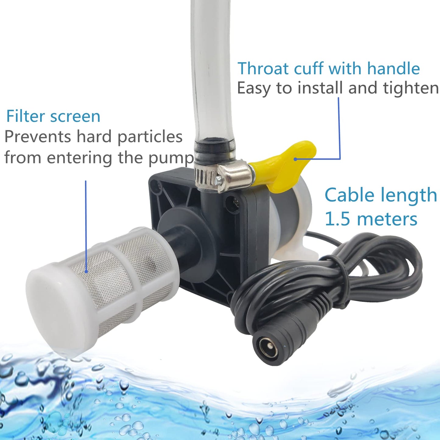 DC 12V submersible pump 210GPH 18W durable fountain water pump, head 5M with filter, suitable for pond fountain, hydroponics, aquarium fish tank, solar water circulation system