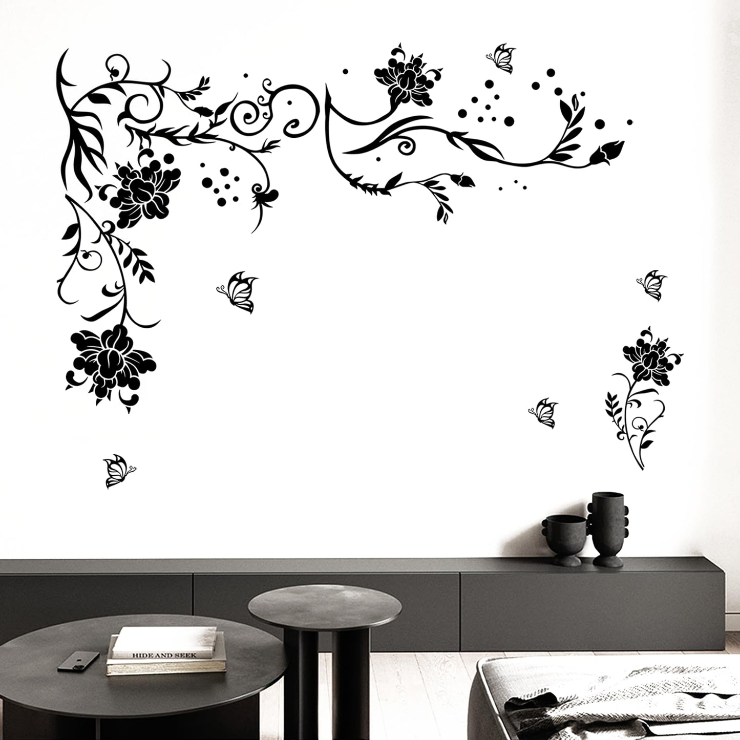 Supzone Flowers & Butterflies Wall Decals - DIY Black & Floral Wall Stickers for Bedrooms & Living Rooms