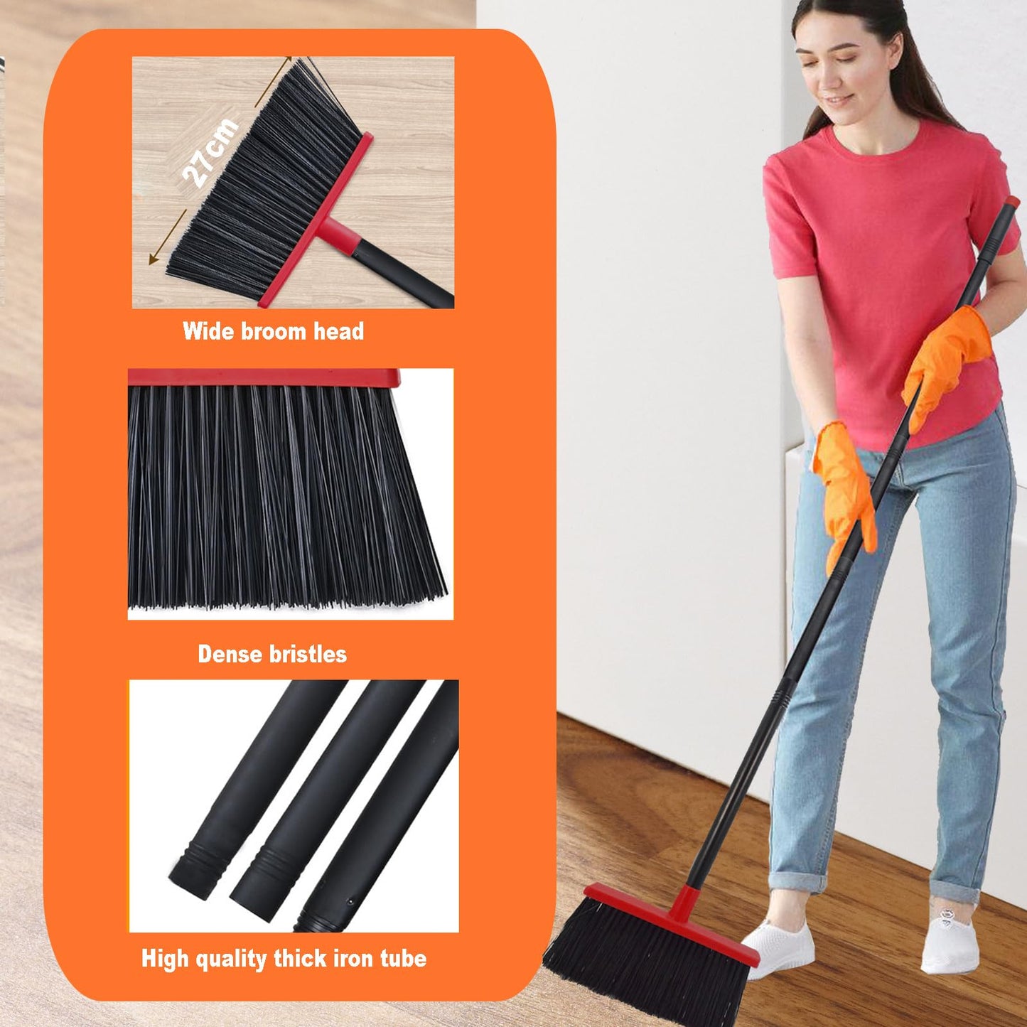Xifando Heavy-Duty Adjustable Angle Broom with 56" Steel Handle - Ideal for Home, Garage, Kitchen, Bathroom, Office, and Outdoor Use - Durable & Efficient Cleaning Tool for Hard Floors (Red)