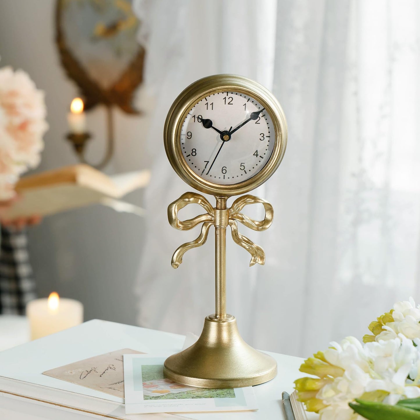 NIKKY HOME Gold Table Clock with Bow, Silent Non-Ticking Classic Elegant Battery Operated Decorative Mantel Desk Shelf Clock for Living Room Decor
