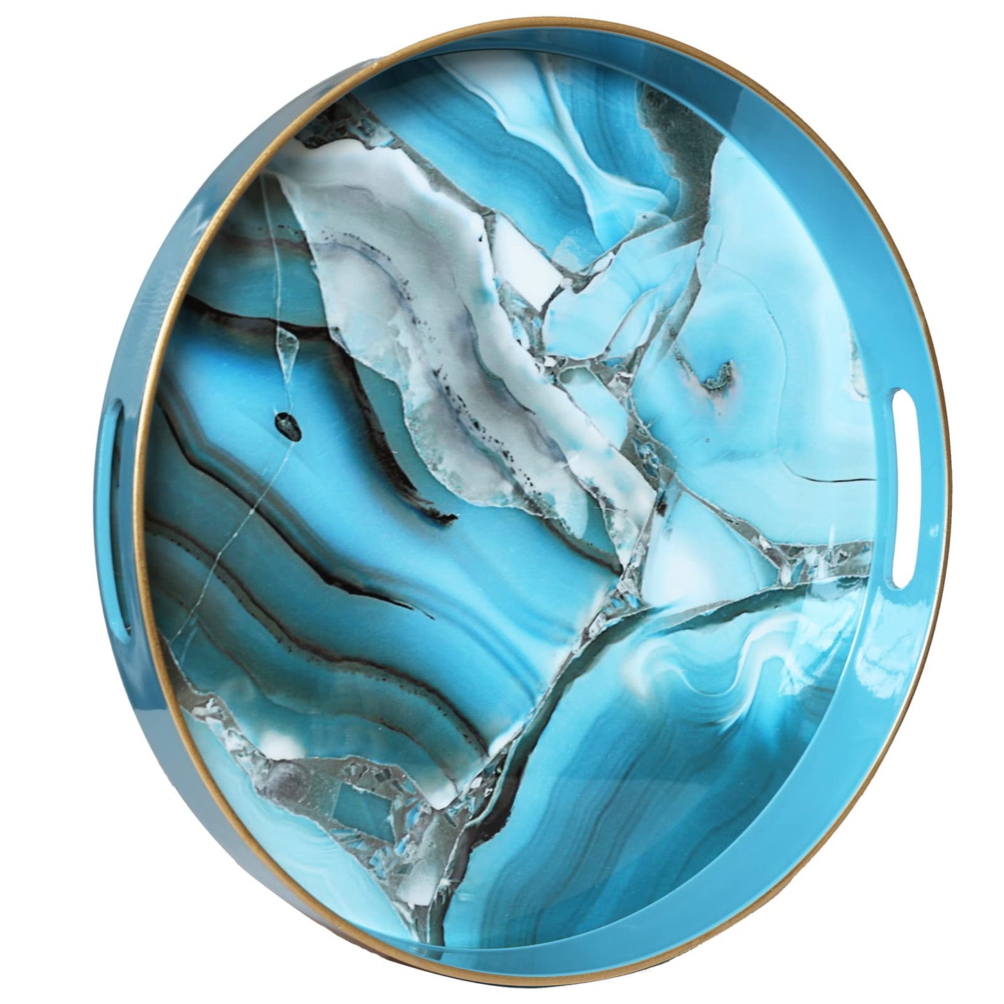 Spsyrine Round Decorative Tray, 13" Plastic Marbel Serving Tray with Handles for Breakfast, Ottoman, Coffee Table, Bathroom, Kitchen, Living Room