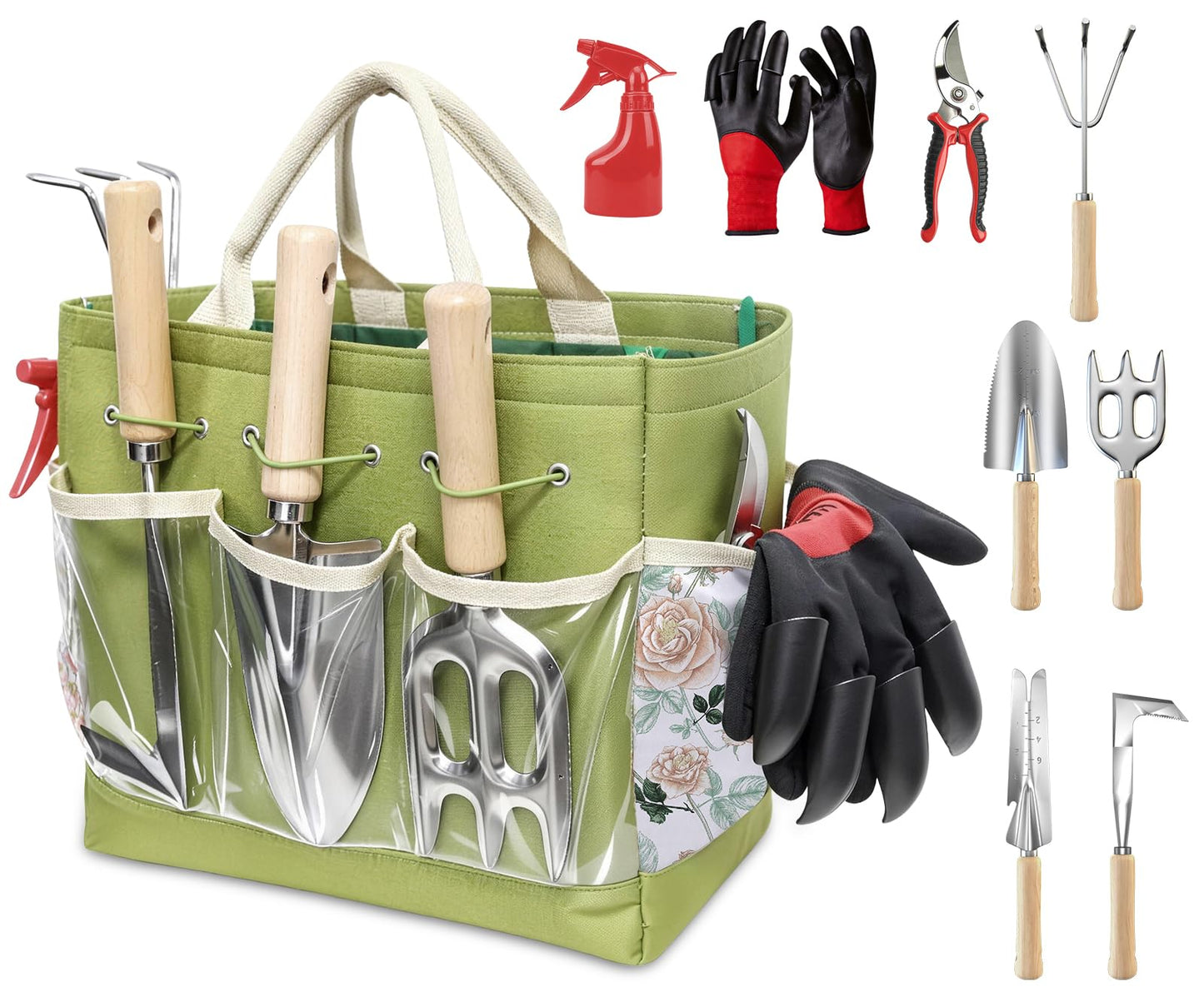 Garden Tools Set, 9-Piece Heavy Duty Gardening Tools with Clear Pocket Tote Bag, Stainless Steel Garden Hand Tools for Digging, Planting, Weeding and Pruning, Durable Gardening Kit