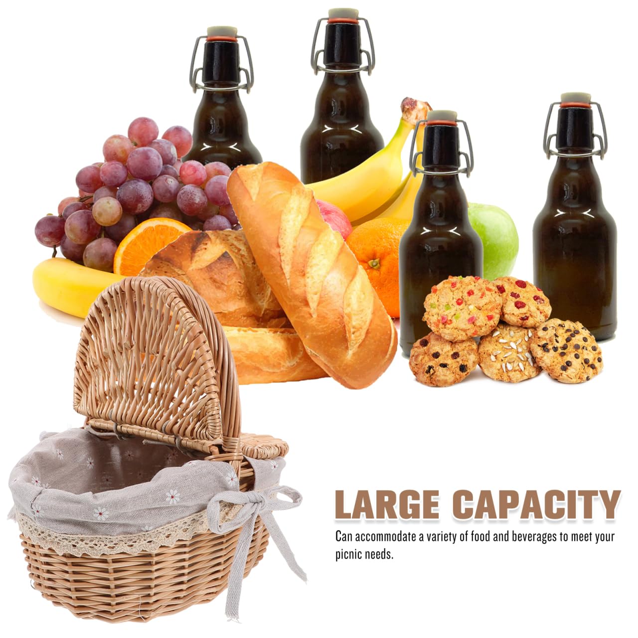 Wicker Picnic Basket with Lid and Handle: Small Hand Woven Rattan Tote Basket Food Hamper Gift for Wedding Easter Outdoor Beach Picnic Camping